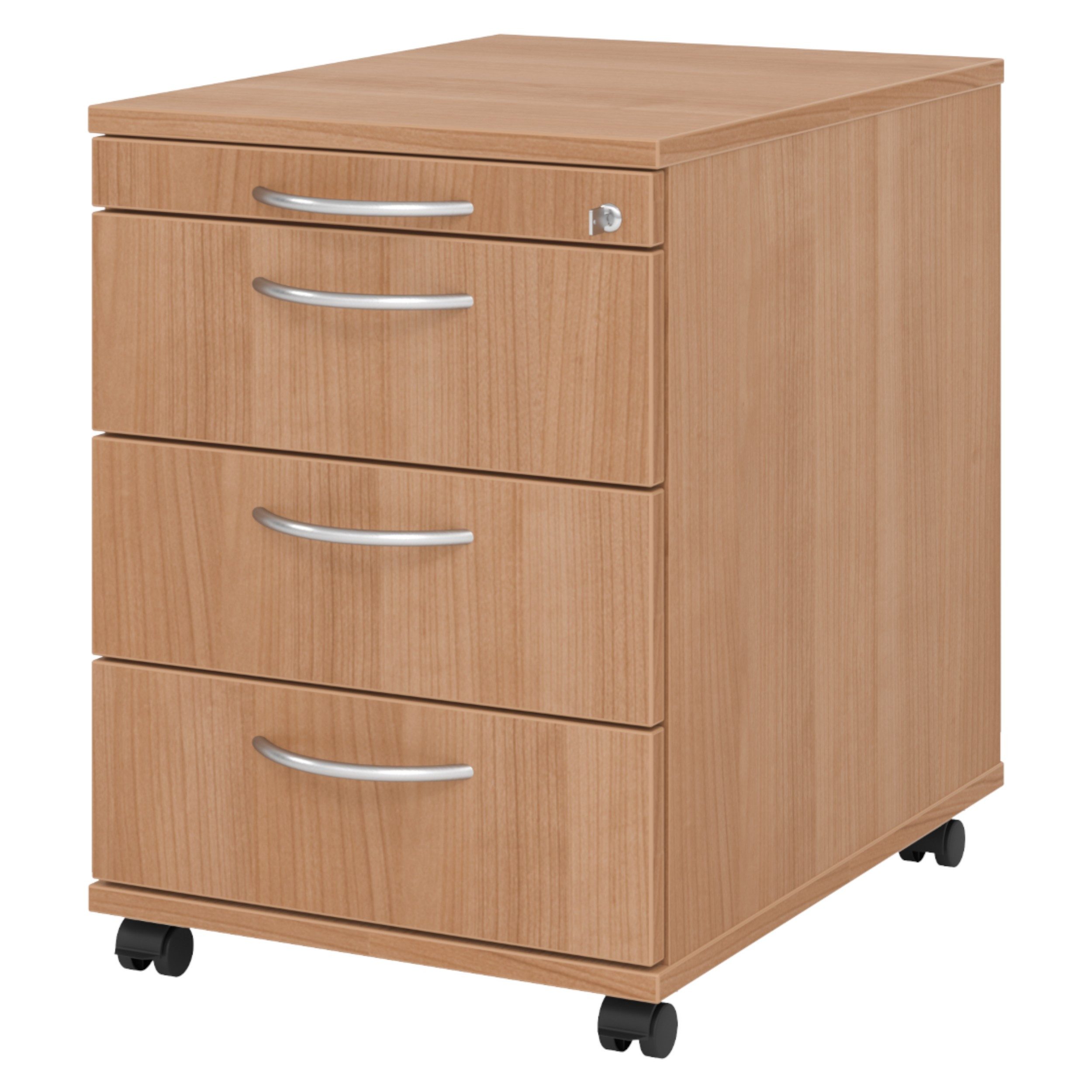 bümö Rollcontainer office Bürocontainer - 3 Materialschubladen, Dekor: Nussbaum mit Bogengriff (Metall)