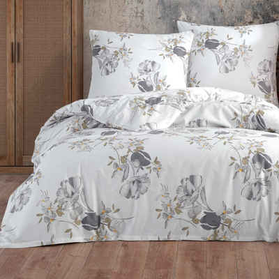 Bettwäsche, Buymax, Renforcé, 3 teilig, Bettbezug-Set 200x220 cm 100% Baumwolle mit Reißverschluss Blumen Weiß
