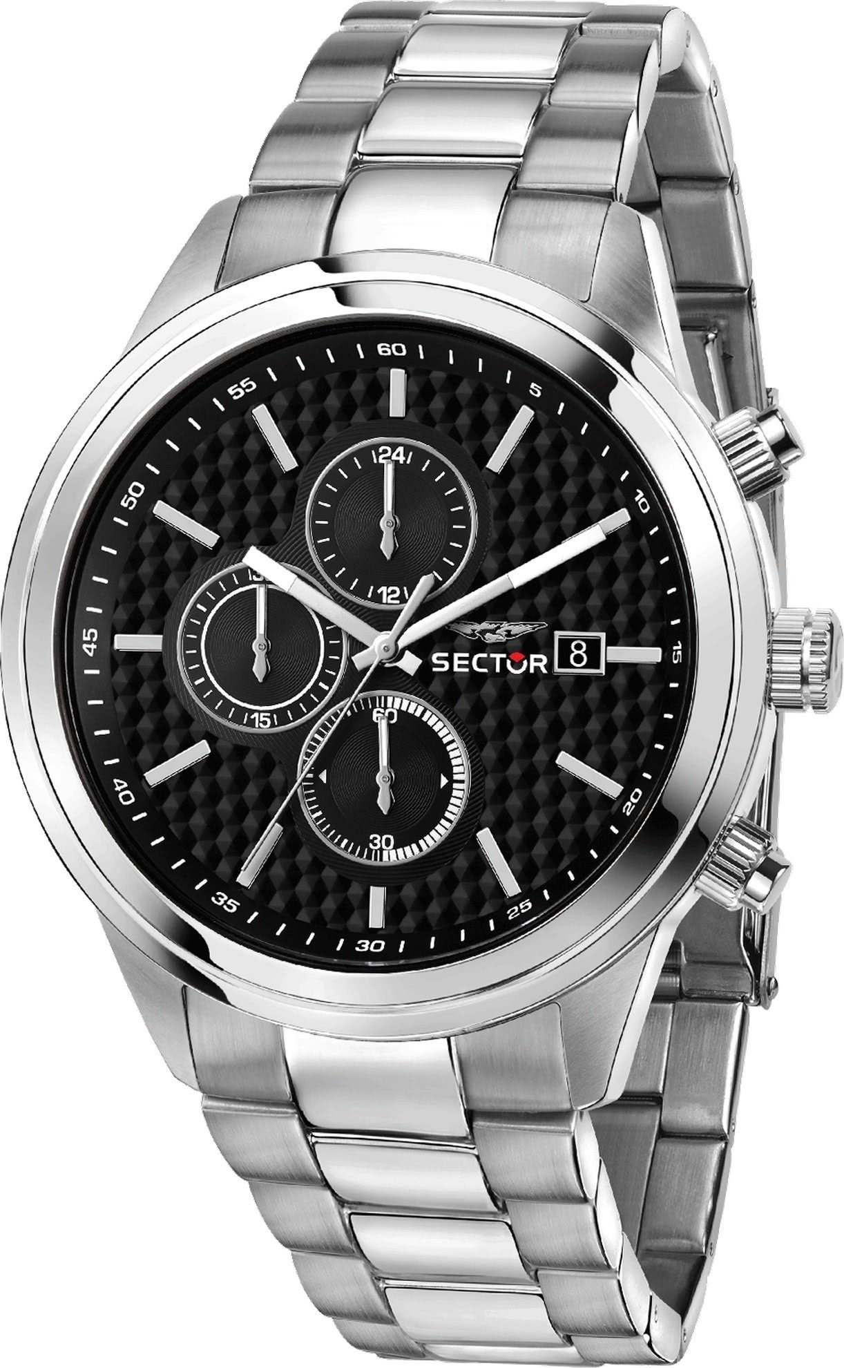 Sector Chronograph groß Herren (ca. Herren rund, Chrono, Edelstahlarmband silber Sector Armbanduhr 50,2x43mm), Armbanduhr