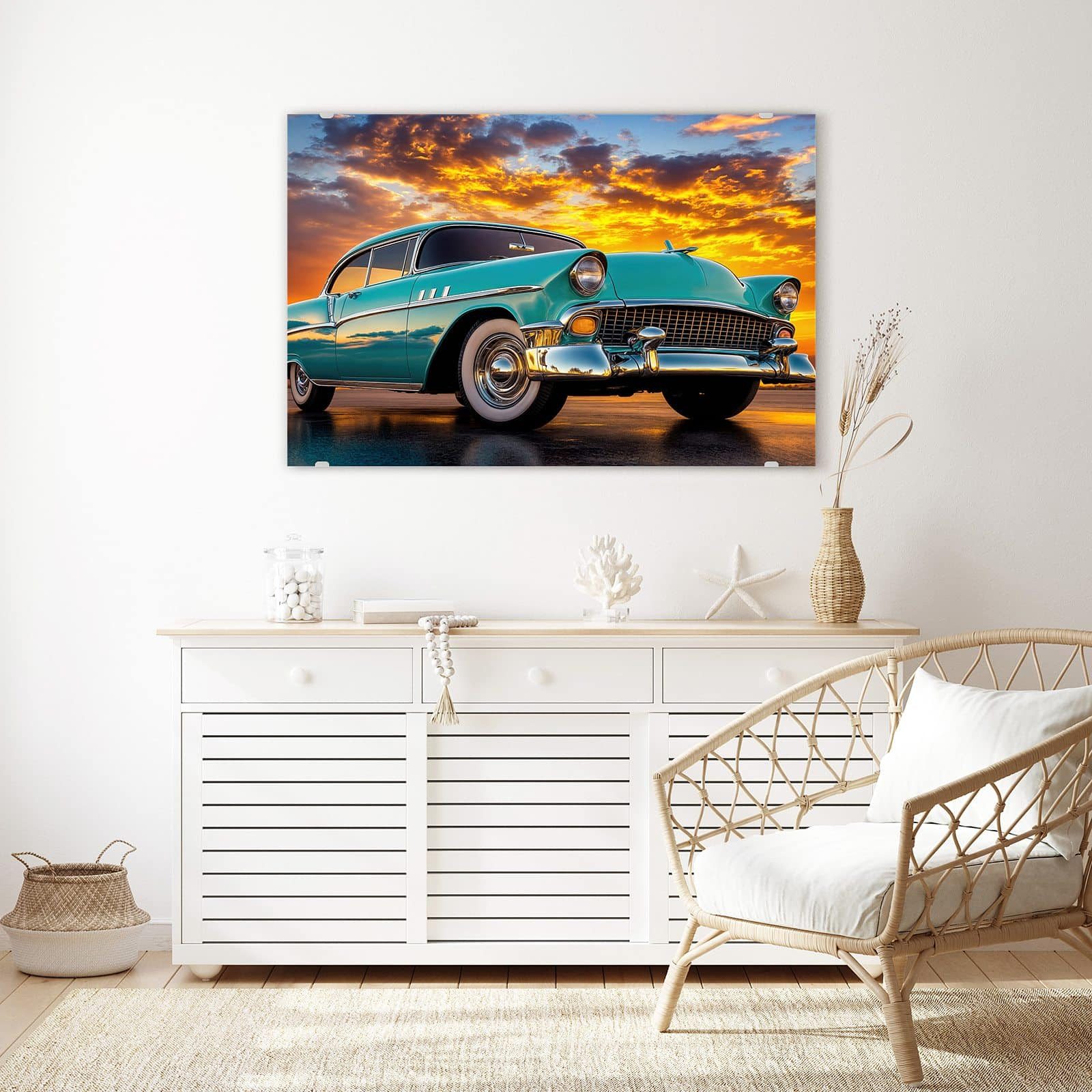 Primedeco Glasbild Wandbild Retro Oldtimer mit Aufhängung, Fahrzeuge (21 verschiedene Größen, 1 St), Elegante Aufhängung