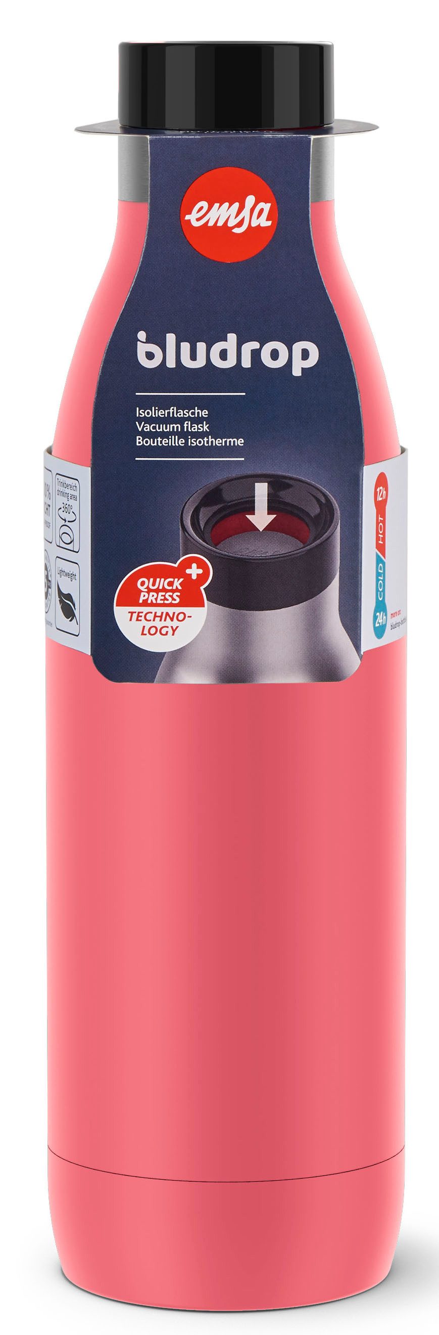 Emsa Isolierflasche Trinkflasche Bludrop, Edelstahl, Quick-Press Deckel, 360° Trinkgenuss, 12h warm/24h kühl
