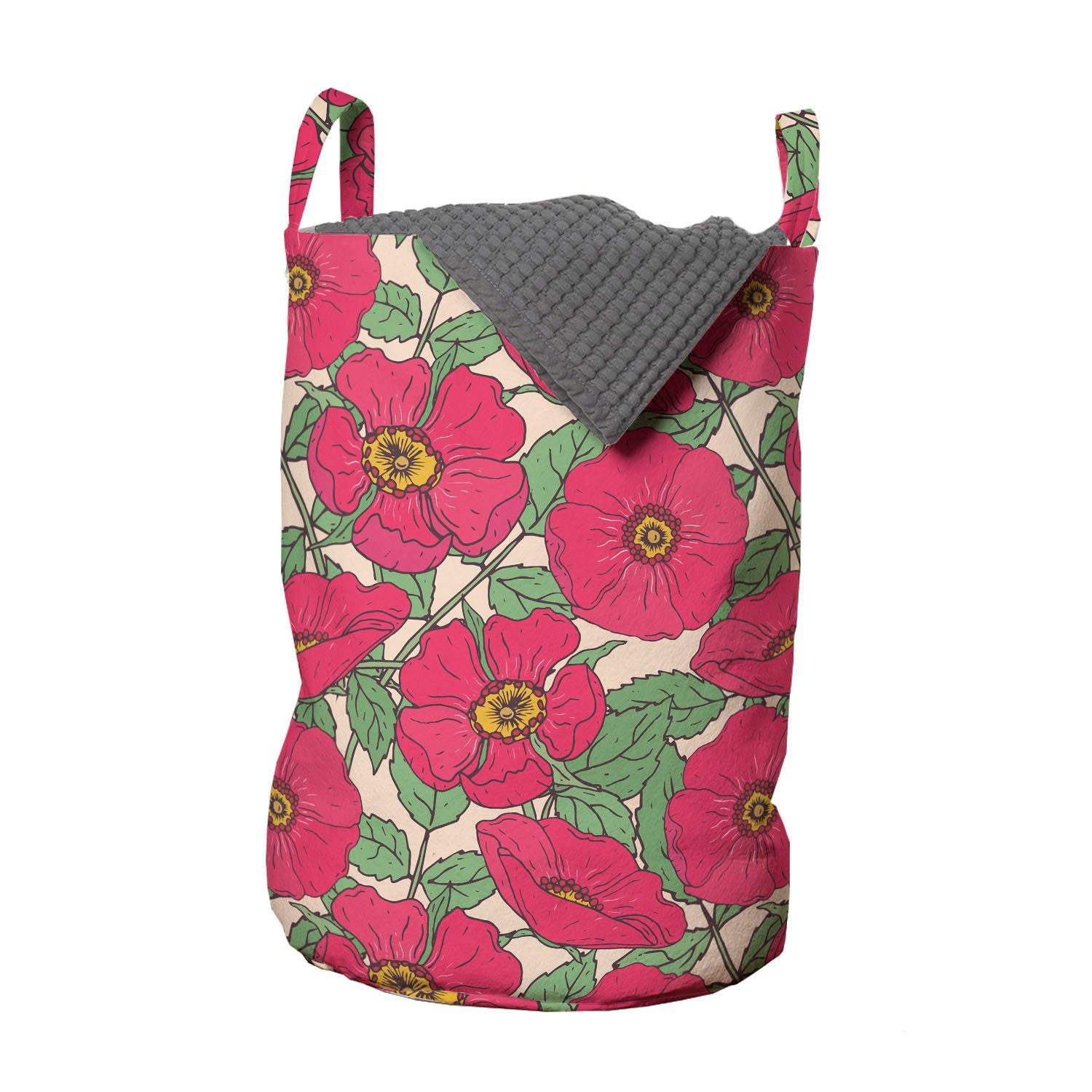 Abakuhaus Wäschesäckchen Wäschekorb mit Griffen Kordelzugverschluss für Waschsalons, Botanisch Pink Dog Roses Blätter