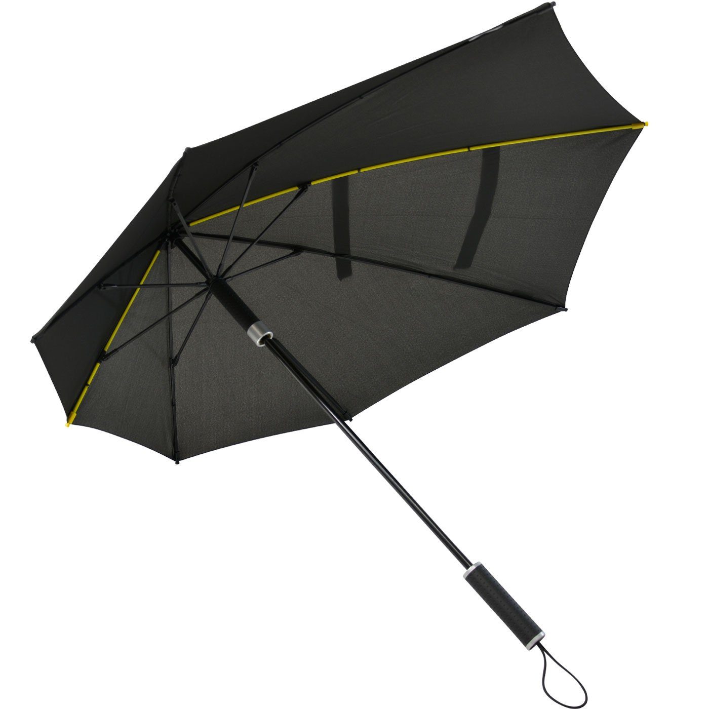 bis aerodynamischer zu in Regenschirm, Stockregenschirm km/h den hält Form besondere der STORMaxi aus Schirm schwarz durch Impliva Wind, Sturmschirm sich seine 100 dreht