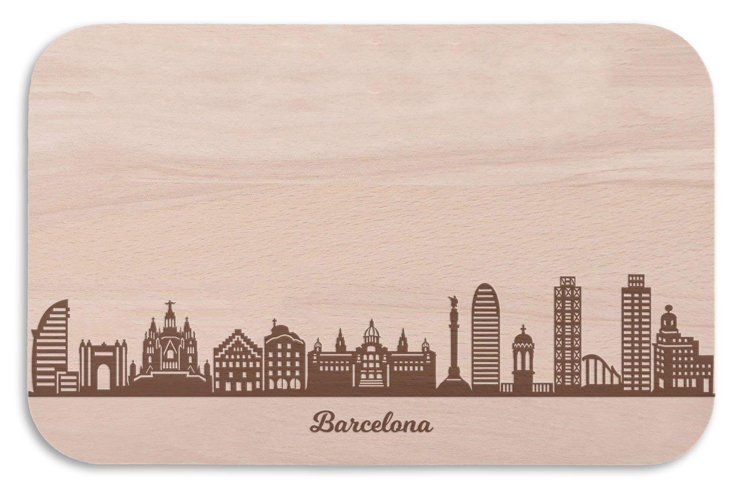 GRAVURZEILE Schneidebrett - Skyline Barcelona - Frühstücksbrettchen -, Buchenholz, Geschenk für Familie & Freunde