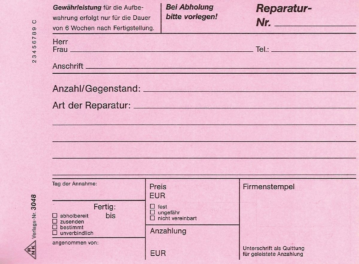 RNK Verlag Formularblock Reparaturblock A6 quer selbstdurchschreibend 3x40 Blatt (5 Stück)