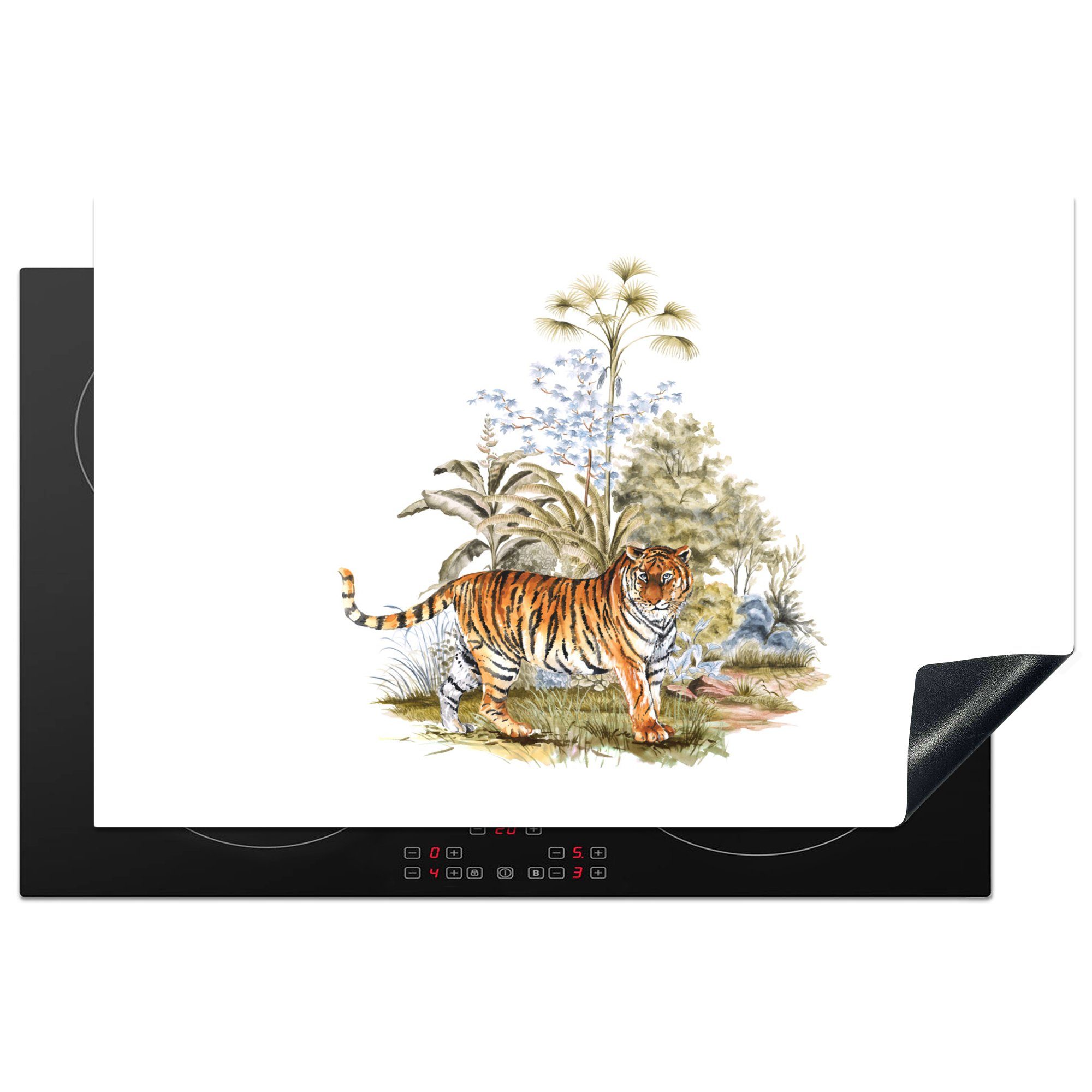 MuchoWow Herdblende-/Abdeckplatte Tiger - Schrein - Wald, Vinyl, (1 tlg), 81x52 cm, Induktionskochfeld Schutz für die küche, Ceranfeldabdeckung