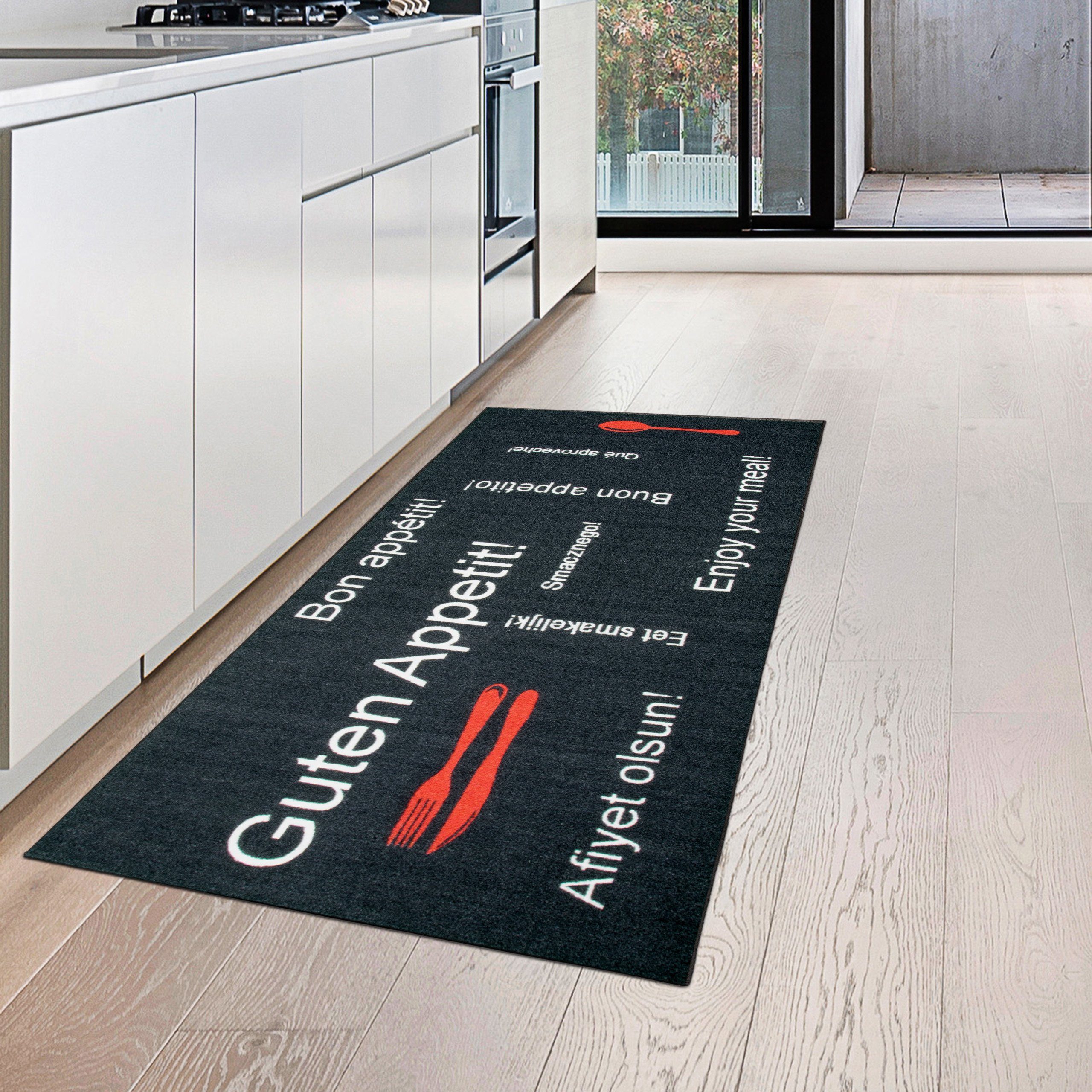 Teppich Küchenläufer in Höhe: mm 5 Gelrücken weiß-rotem und mit rechteckig, Teppich-Traum, schwarz Schriftzug