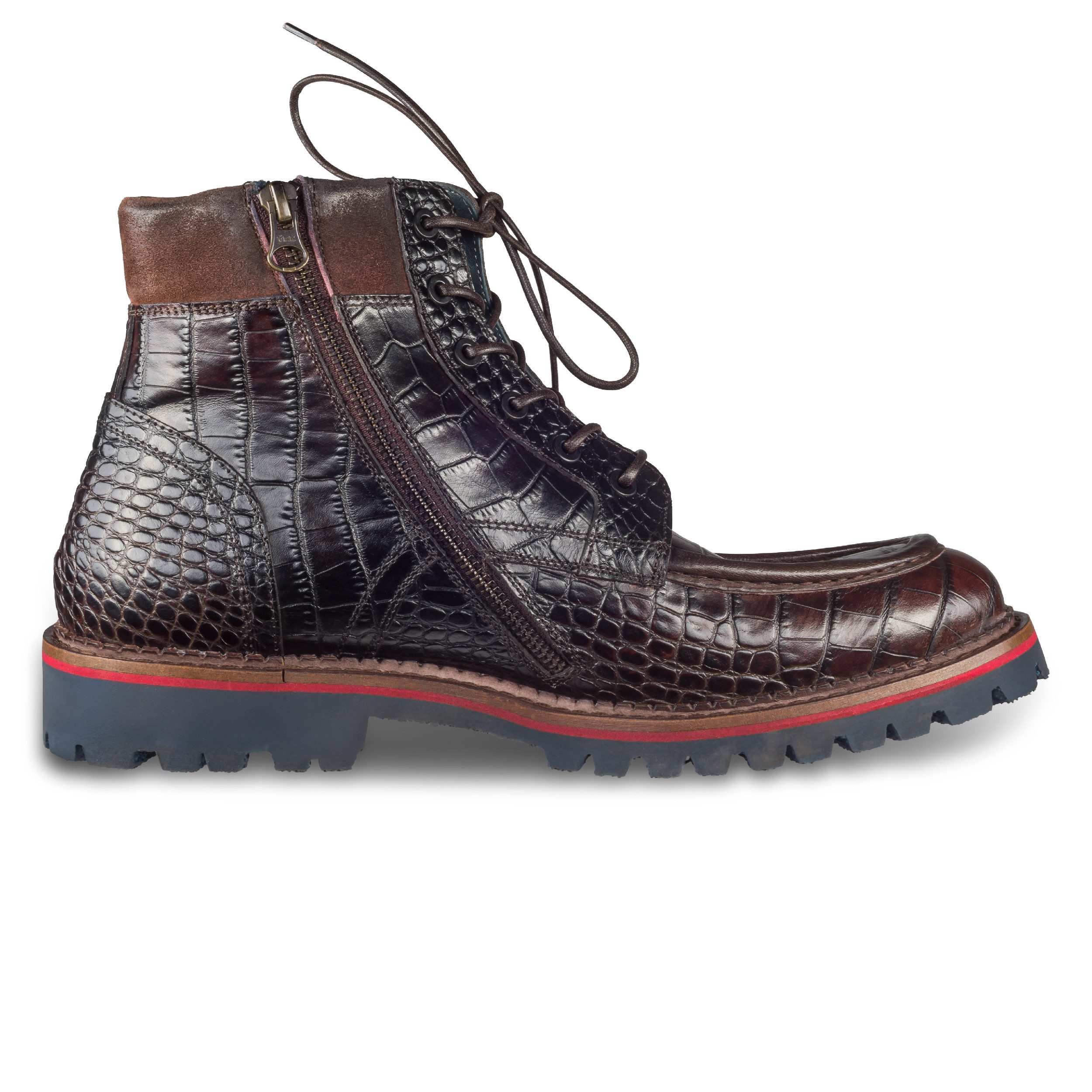 Lorenzi Lorenzi Herren Schnürstiefel braun, Leder Krokoprägung, Reißverschluß Stiefel Handgefertigt in Italien