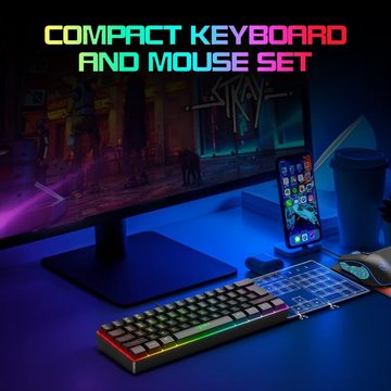 HXSJ 60% Kompakte Tastatur,61 Tasten,TKL Layout V700 Gaming Tastatur- und Maus-Set, Optische Gaming-Sensormaus mit 7 Tasten,7-Farbiges LED-Licht