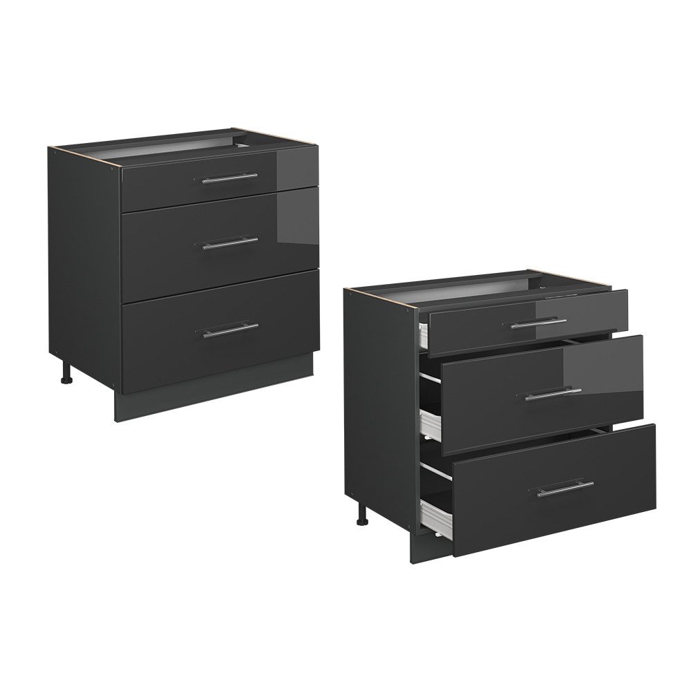 Vicco Unterschrank Fame-Line, Anthrazit Hochglanz/Anthrazit, 80 cm mit 3 Schubladen, o... (1-St) – Bild 5 von 5