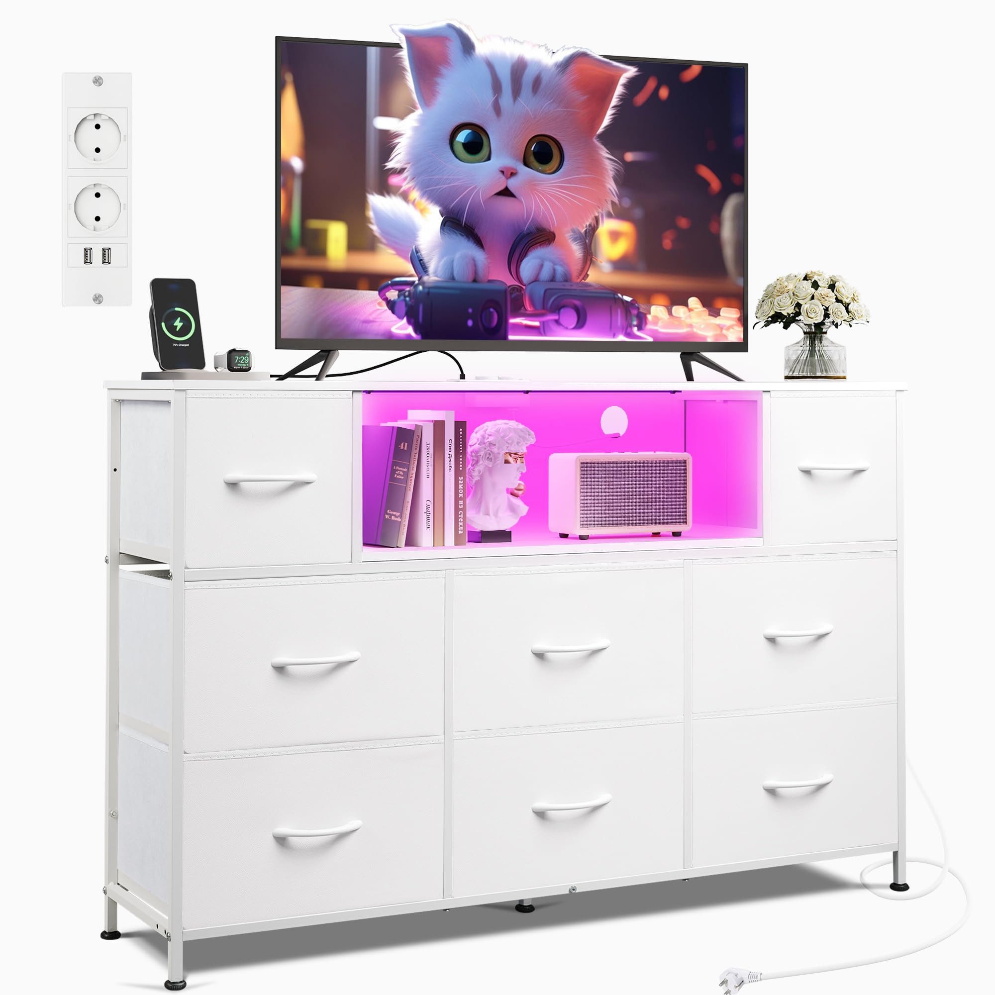 WLIVE Kommode mit 8 Stoffschubladen, LED-Beleuchtung und Ladestation (Aufbewahrungsschrank mit Holzplatte und Metallgestell, Schlafzimmerkommode für Wohnzimmer, Flur und Schlafzimmer)