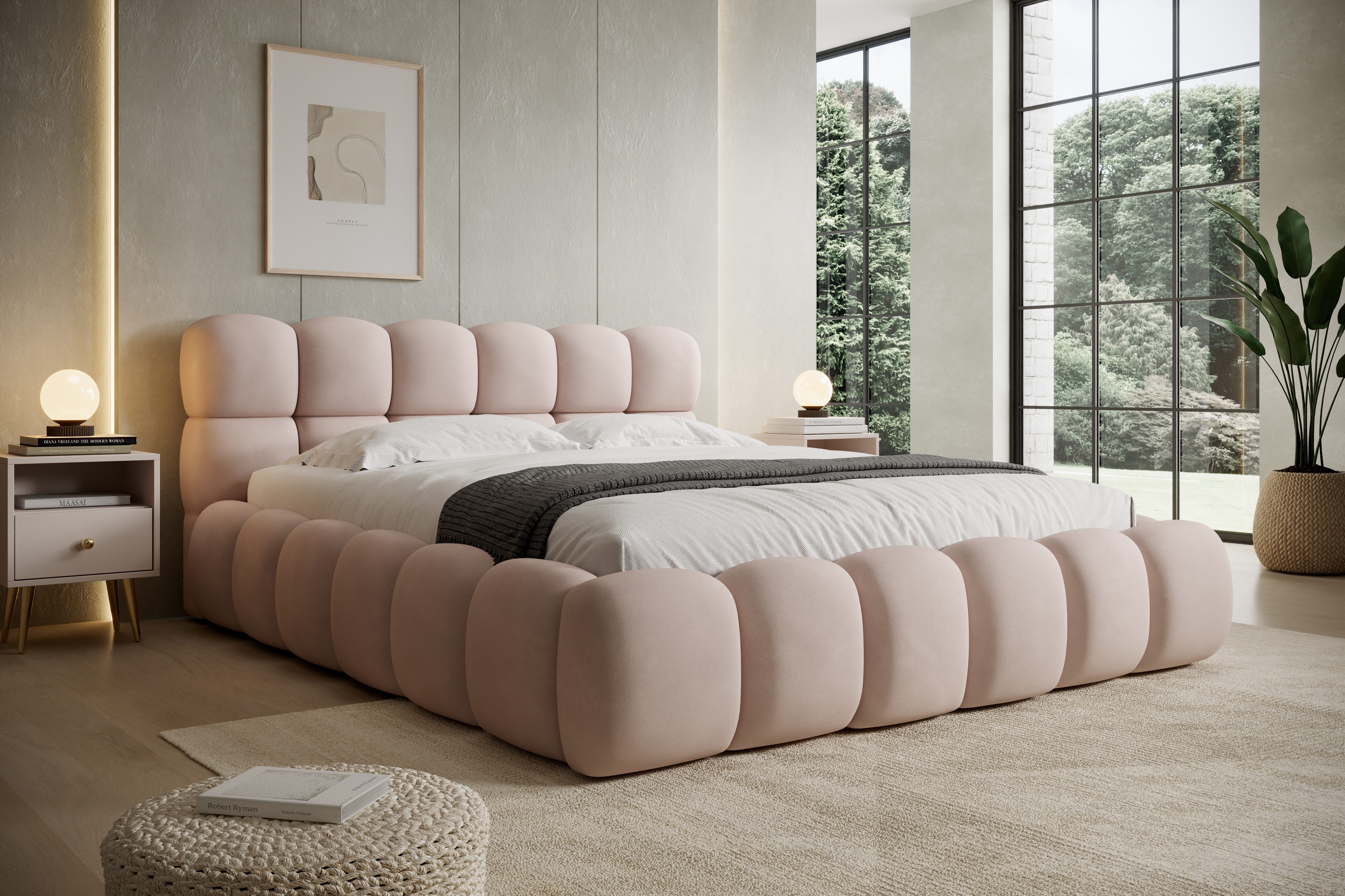 thematys Polsterbett mit Bettkasten 140x200–200x200 cm – Velours oder Bouclé Bezug – (Polsterbett in den Varianten Bouclé (Fredo), Velours (Velutto) - Wolkenbett mit XXL Kopfteil), Wolkenbett mit XXL Kopfteil)