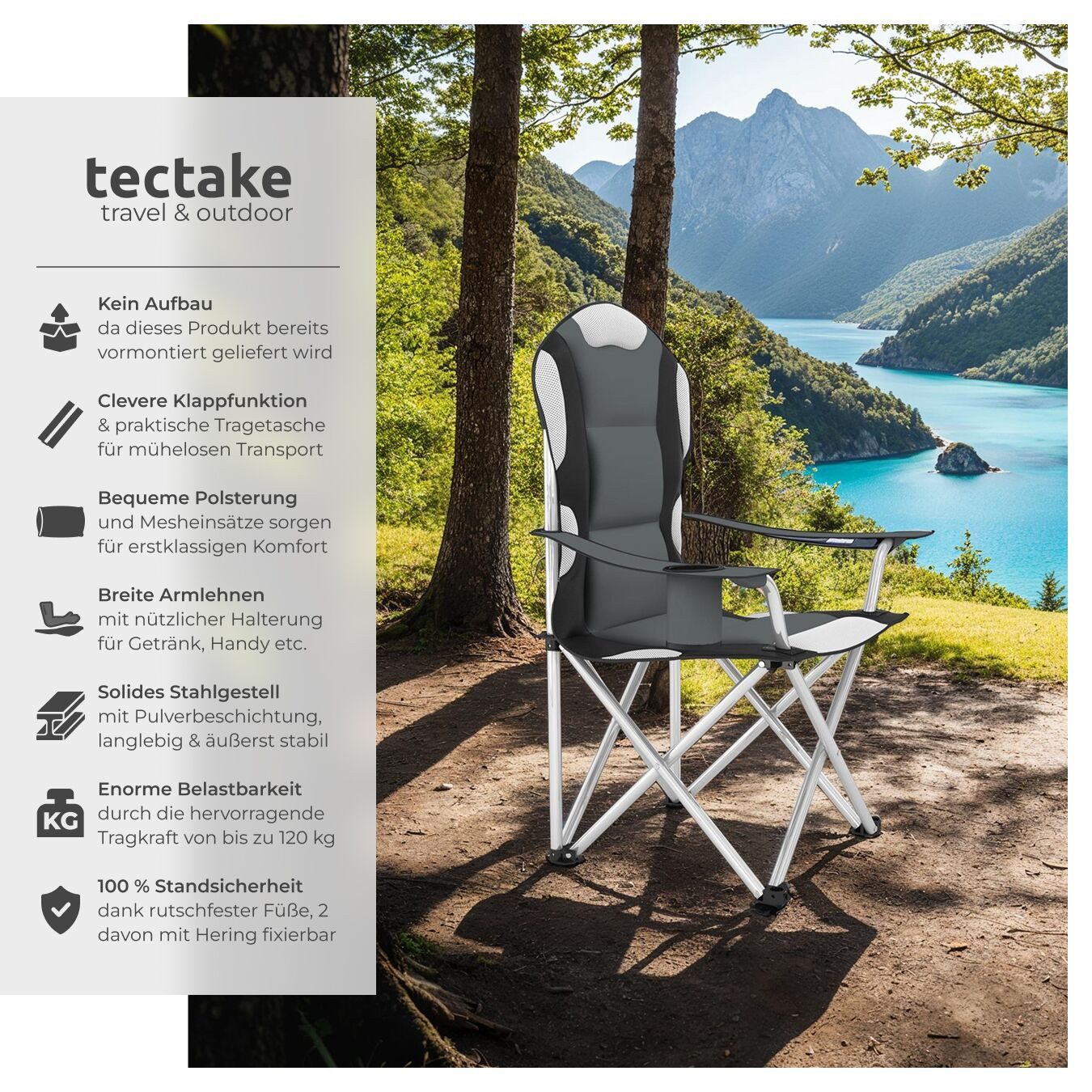 tectake Campingstuhl Gartenstuhl mit Polsterung, faltbar, 60 x 88 x 110 cm (Outdoor Klapptstuhl für Außen in Grau, 2 St), gepolstert, mit Getränkehalter, geringes Gewicht, inkl. Tragetasche