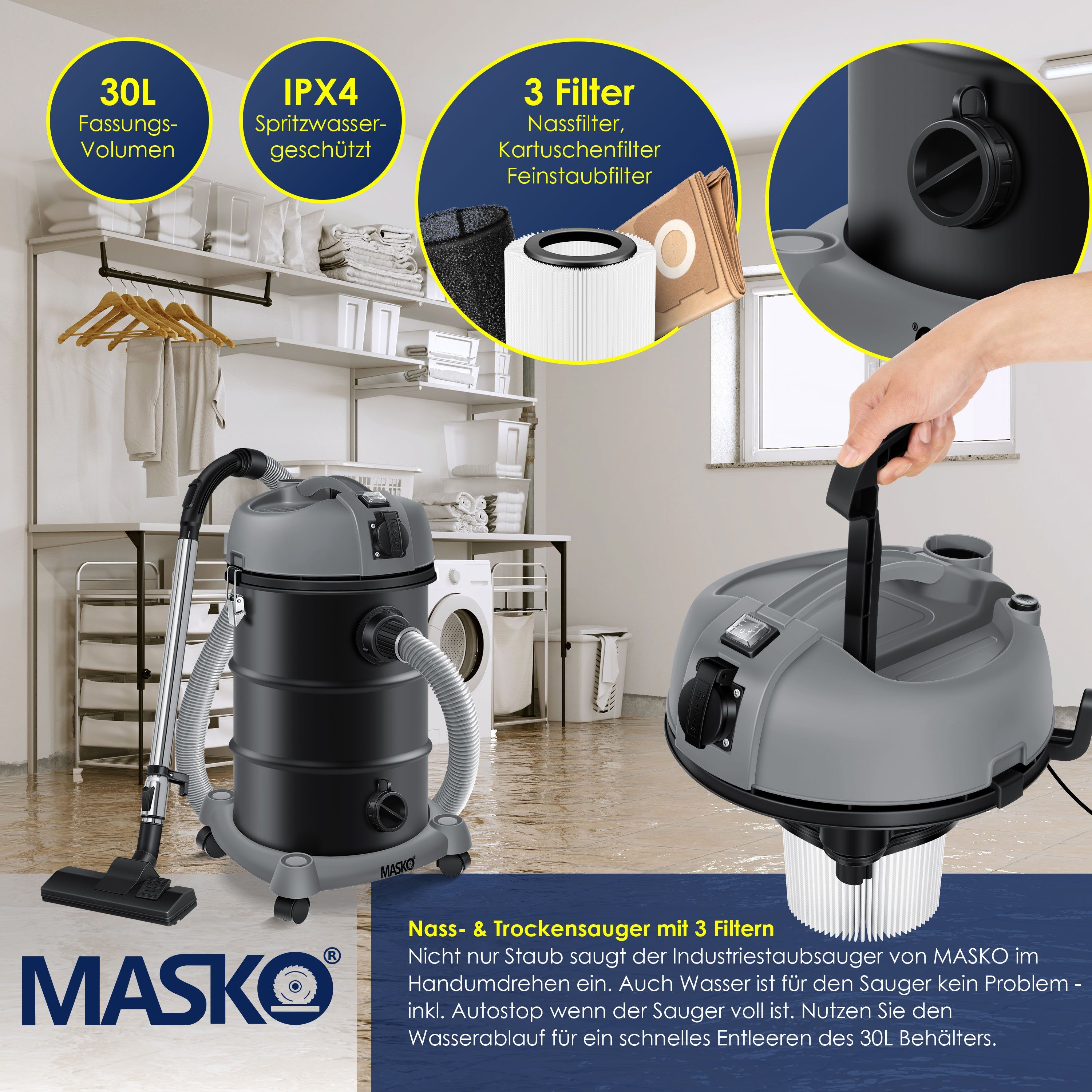 MASKO Industriesauger, 2300 W, 6IN1 Industriestaubsauger Staubsauger Nass Trocken Sauger