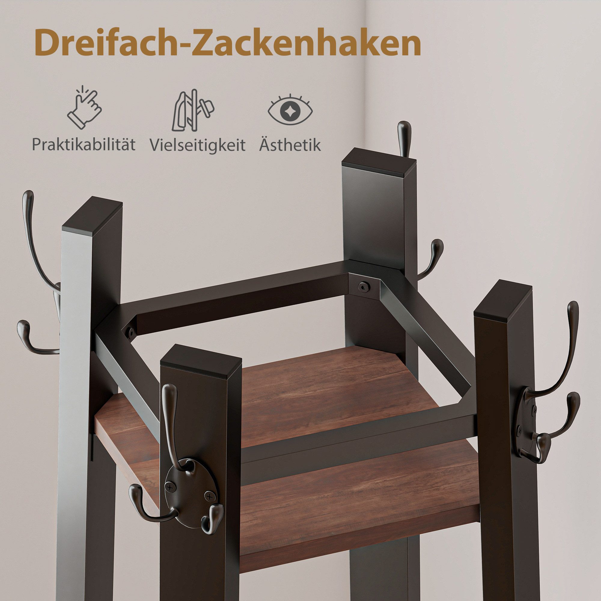 HOMCOM Garderobenständer Kleiderständer mit 4 Ablagen und 8 Haken, (Jackenständer, 1 St., Garderobe), für Kleidung, Tasche und Hut, für Flur und Schlafzimmer Braun