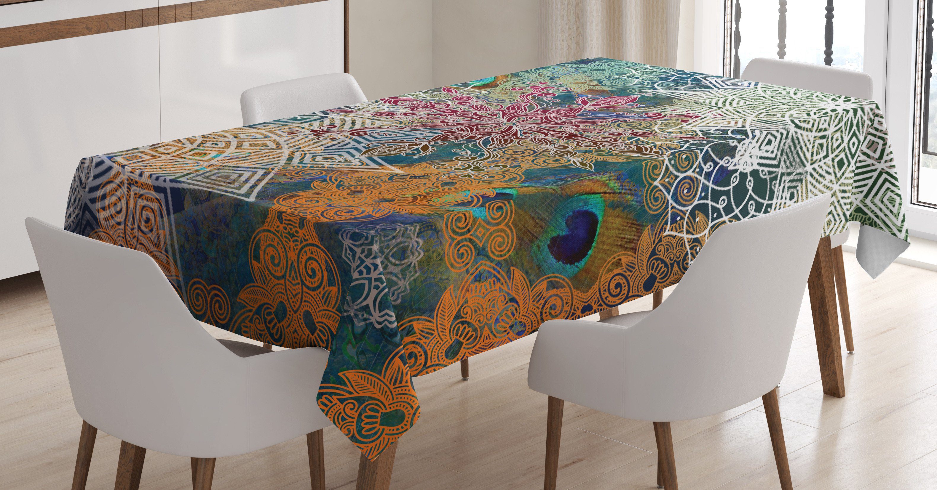 Farbfest Mandala den Tischdecke Bereich Waschbar Außen Farben, Für und Pfauenfedern Ethnisch Abakuhaus Klare geeignet
