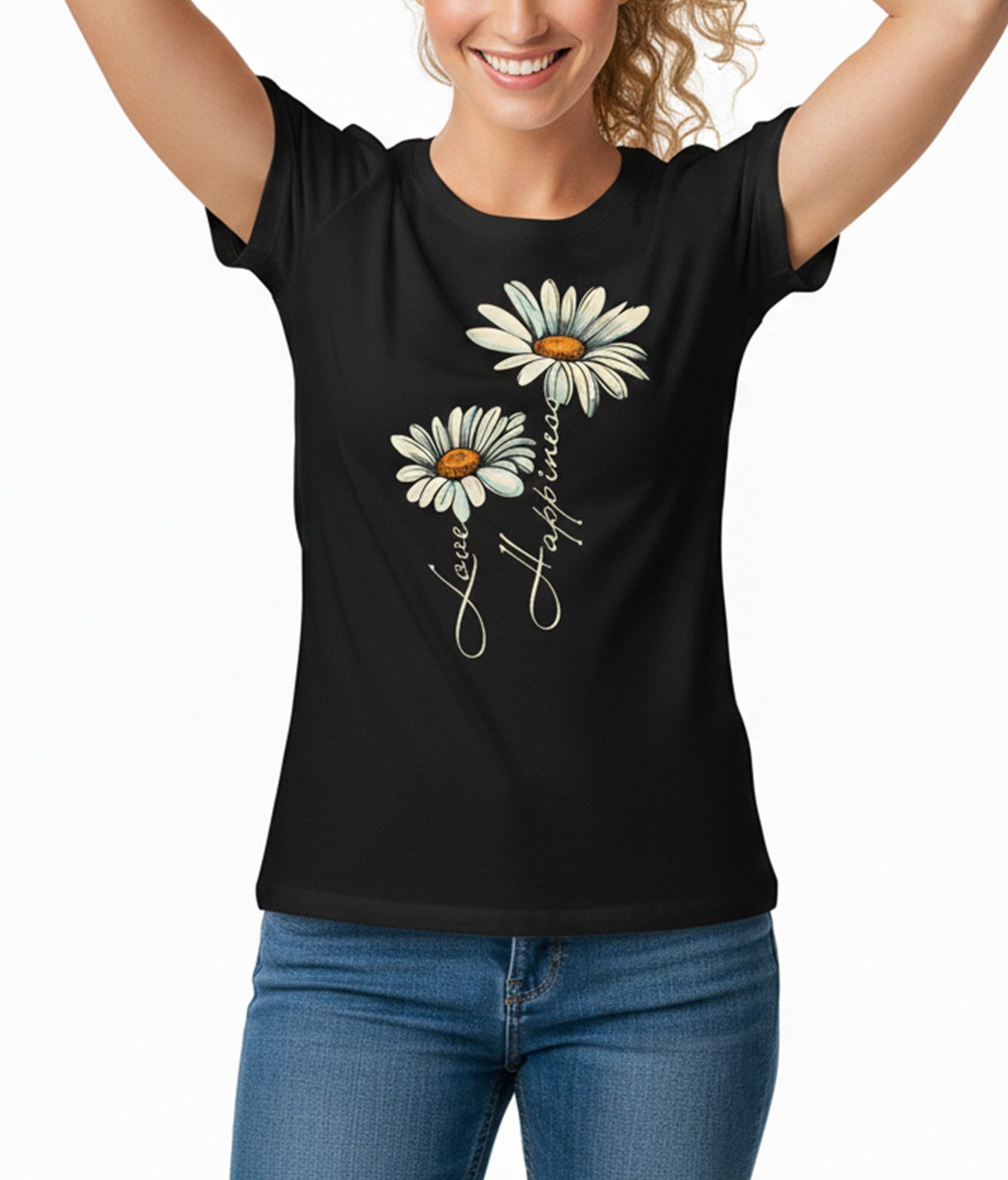 MAKAYA Print-Shirt Blumen Motiv Damen Gänseblümchen Sonnenblume Hippie Mode Druck Floral Kurzarmshirt