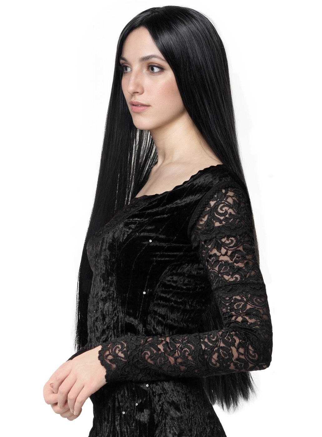 Metamorph Kostüm-Perücke Morticia Perücke - Kostüm Perücke für Fasching, Langes, glattes, schwarzes Haar für Hexen, Vampire und Gothic-Mütter
