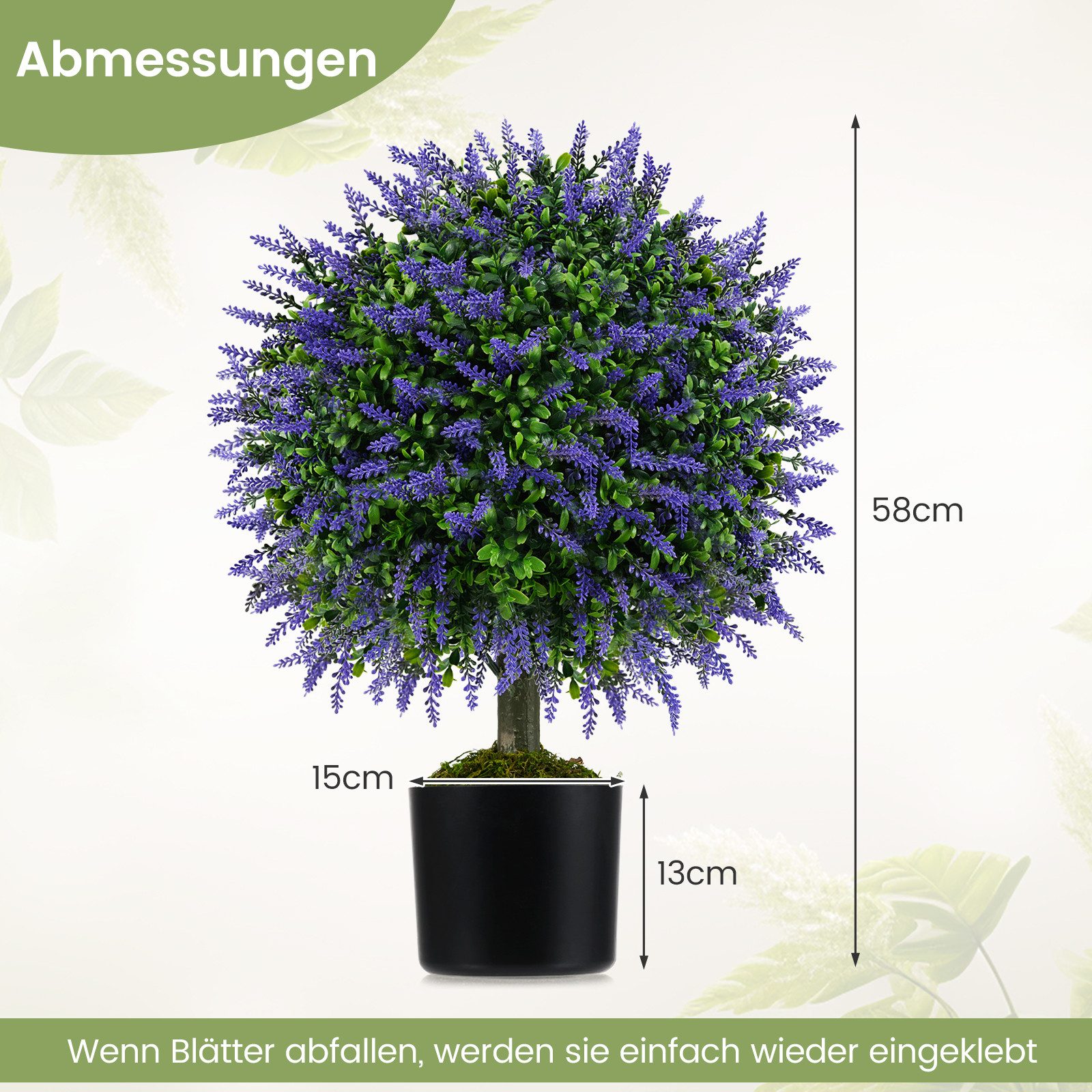 Kunstpflanze Lavendelbaum in Lila, COSTWAY, Höhe 58 cm, 2er, mit Blättern, Topf