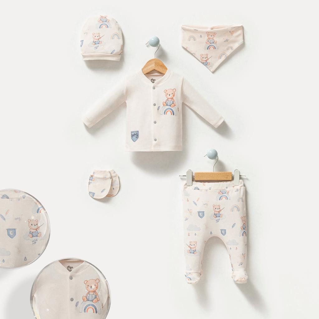 Engelbaby Erstausstattungspaket 5-teiliges Neugeborenen-Set 0-3 Monate 100% Baumwolle Regenbogen Bär (Set, 5-tlg., Langarm, Hose, Lätzchen, Mütze, Handschuhe) 100% Baumwolle 0-3 Monate komplett Outfit Regenbogen-Bär Motiv