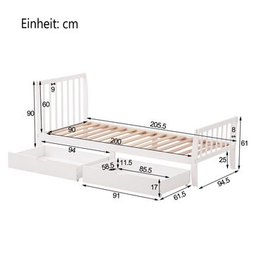 Celya Holzbett Doppelbett,Jugendbett,mit Schubladen zur Aufbewahrung, Rahmen aus Kiefernholz, 90x200cm, weiß