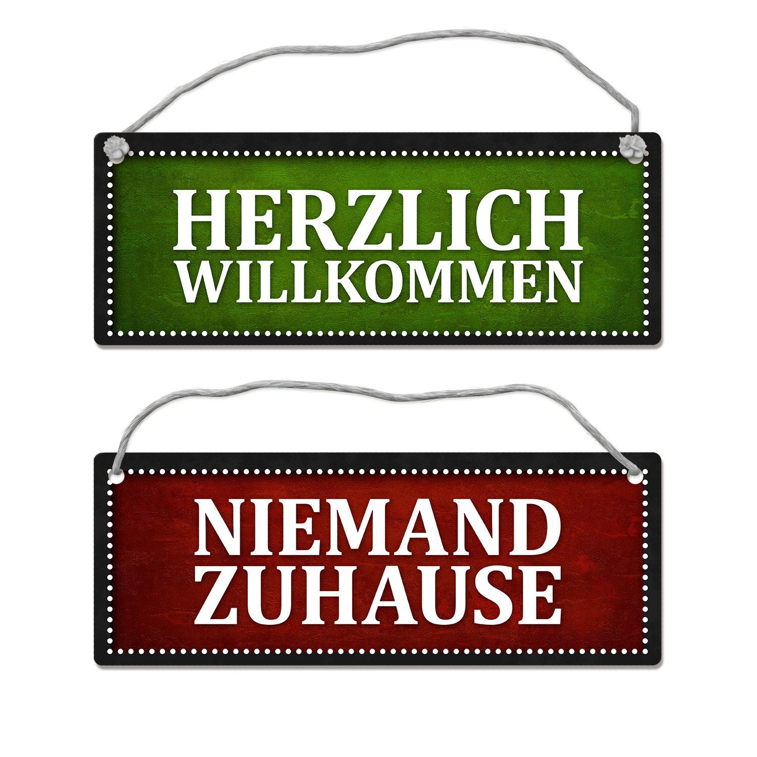 Metallschild Niemand Zuhause oder Willkommen Wendeschild mit Kordel in Rot und