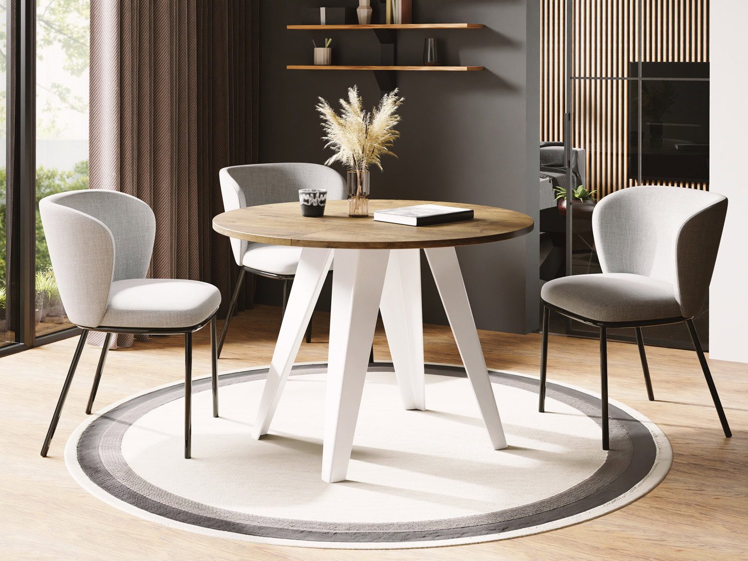 WFL GROUP Esstisch Griffin ausziehbar rund industrial mit weißen Metallgestell (MADE IN EU, erhältlich in zwei Größen – 90/100 cm, ausziehbar auf 130/140 cm), platzsparender Tisch für kleine Küche, Esszimmer oder Wohnzimmer