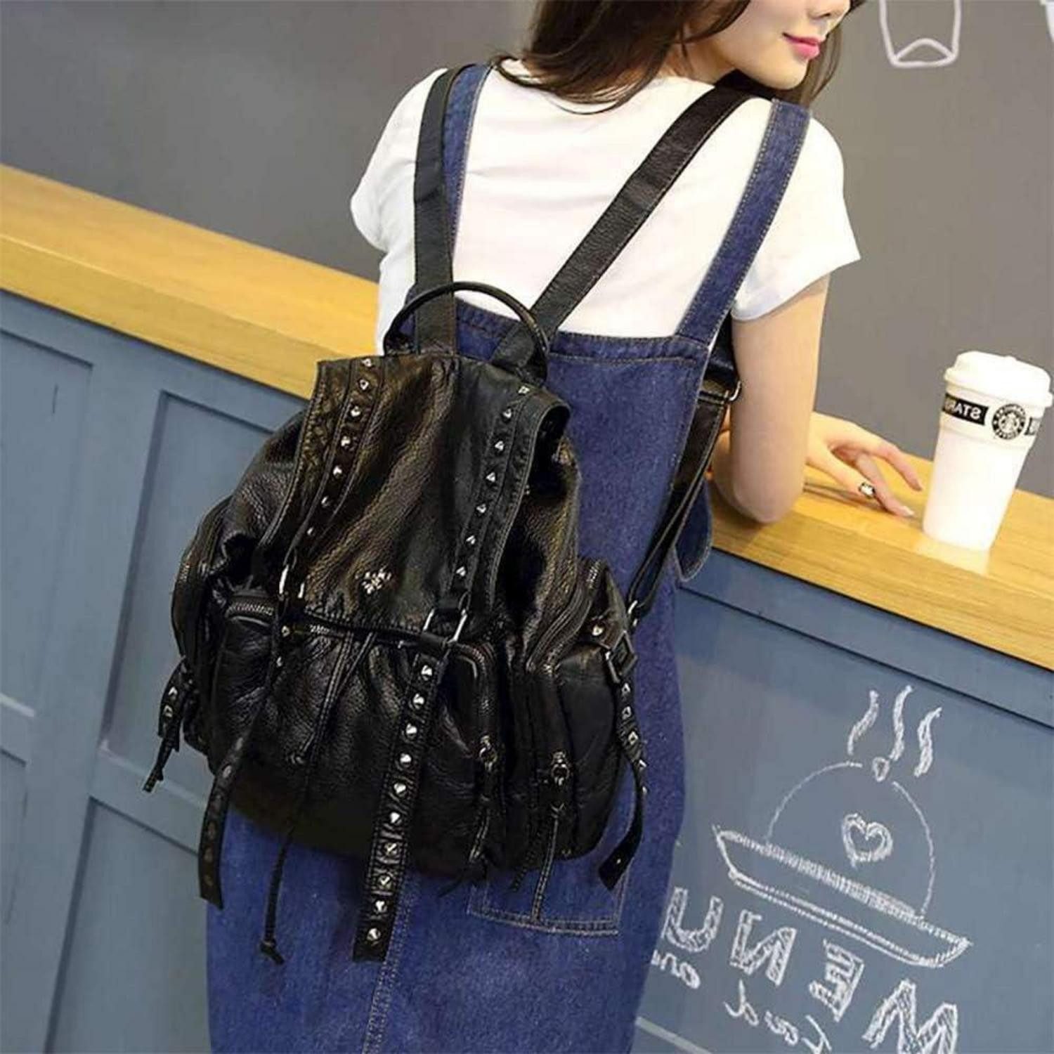 LuxusKollektion Notebook-Rucksack Damen Punk Rucksackhandtasche Niet Schwarz PU Leder Teenager Tag