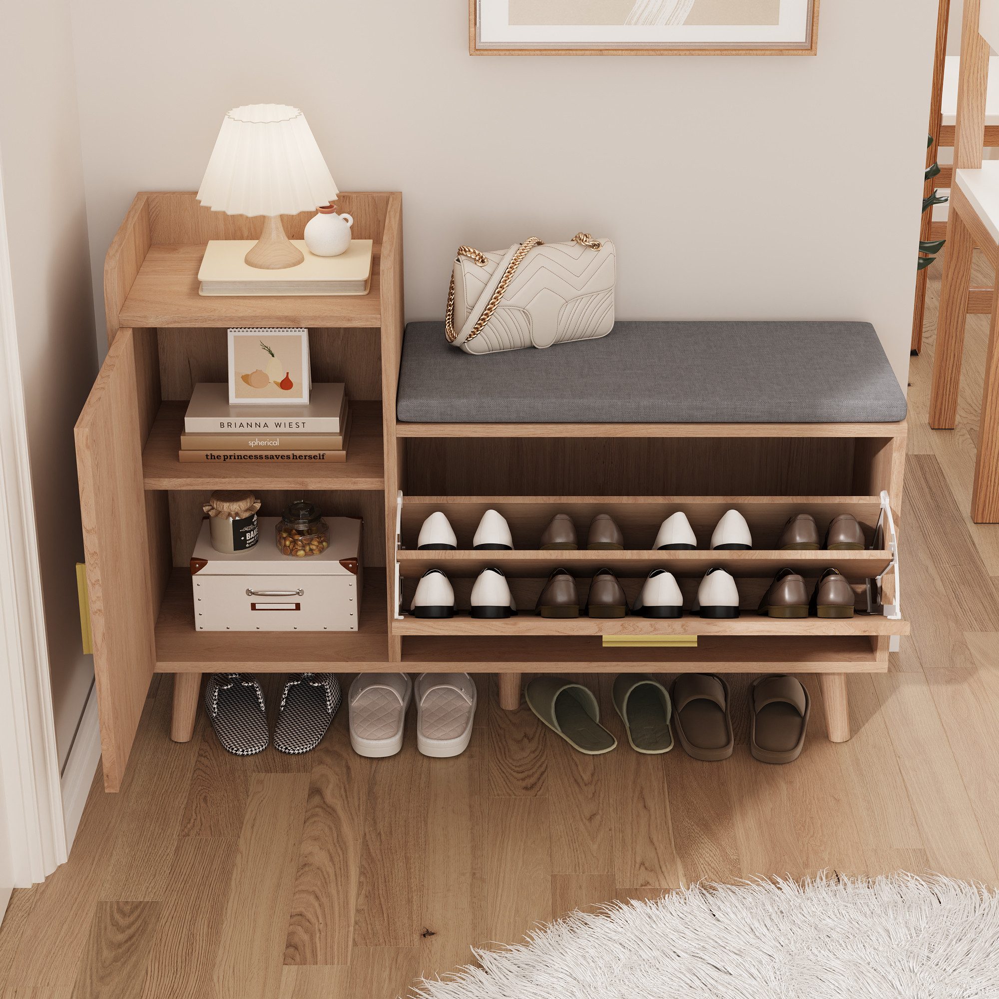 Furnishings Home Schuhbank Schuhregal Step 1 Schuhständer Schuhkommode (1-St., Breite 100 cm, Tief 30 cm), Mit 1 Klappen, Schuhkipper, Polster Schuhwechselbank, Seitenschrank