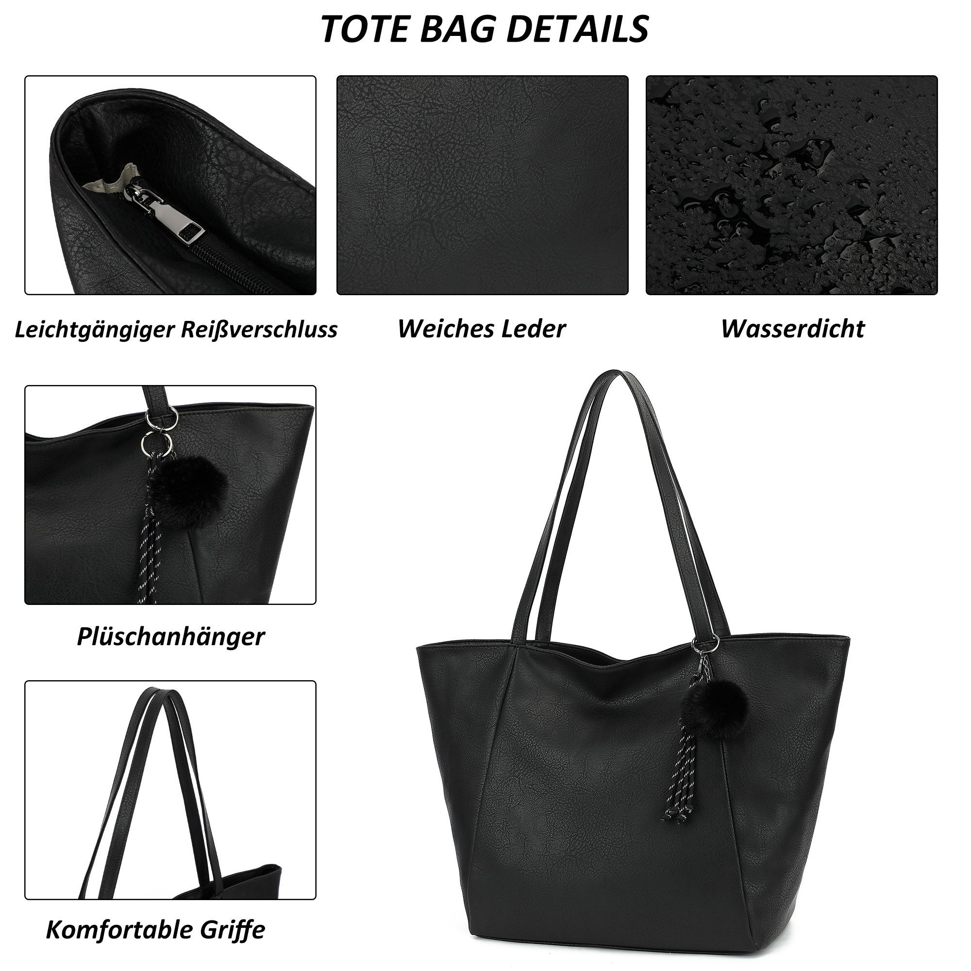 TAN.TOMI Schultertasche Umhängetasche Shopper Bag mit Reißverschluss, Mit Innentaschen, dekorative Anhänger für Arbeit Einkauf Reisen – Bild 5 von 5
