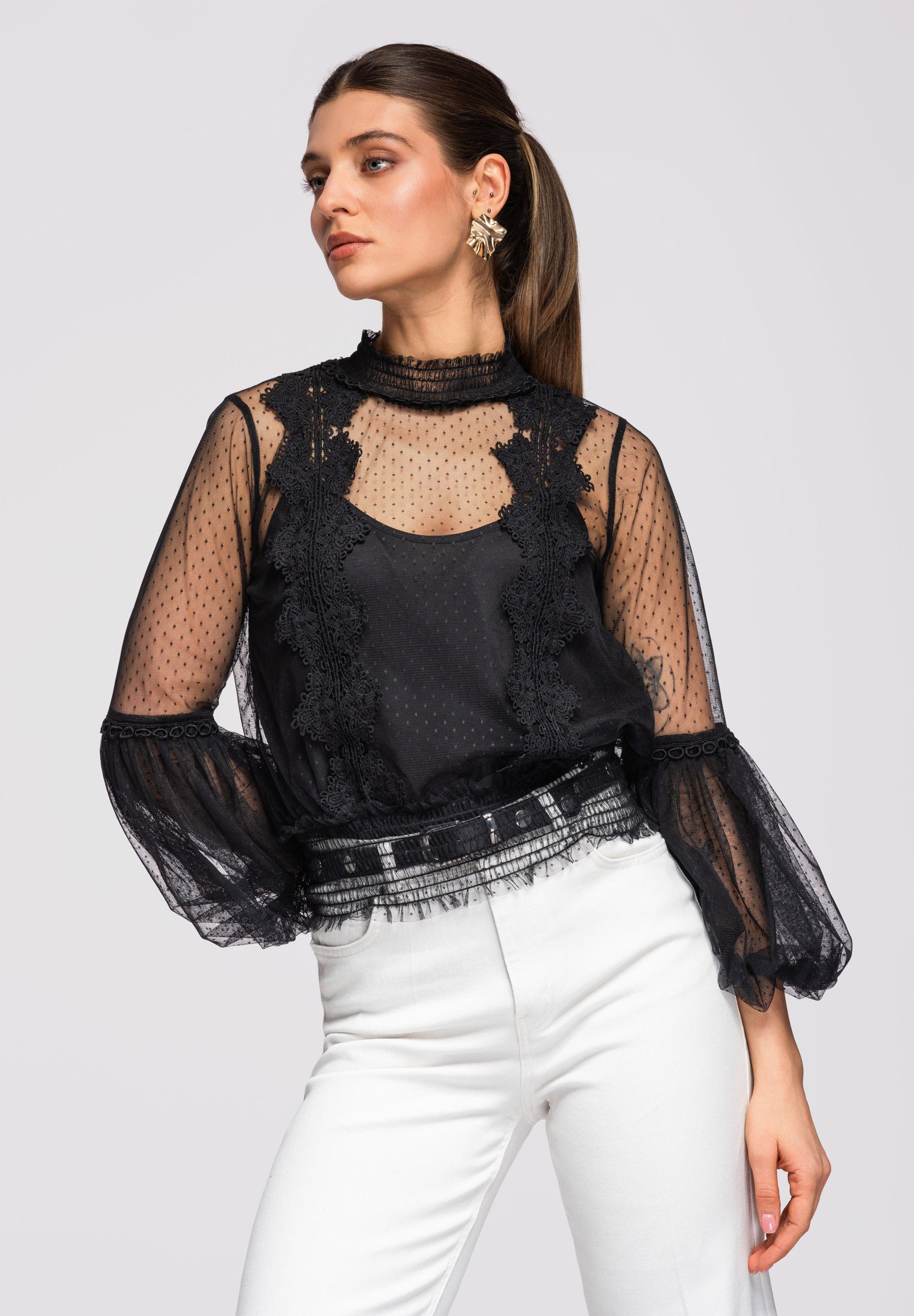 OMBRE Hemdbluse Damen Bluse mit Stehkragen und transparentem Design Schwarz L (kein Set, 1-tlg., Bluse + Unterhemd) semi-sheer
