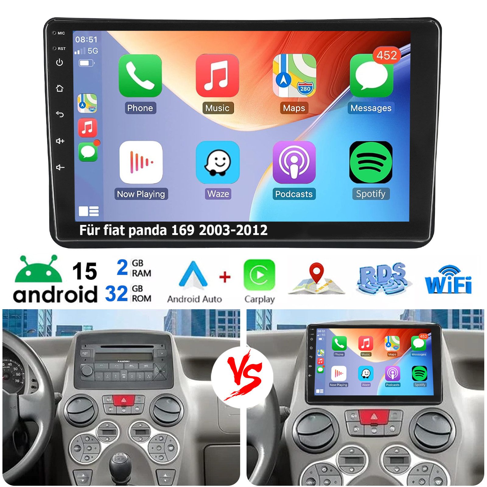ESSGOO 9" Autoradio Android 15 Carplay GPS NAVI SWC Für Fiat Panda 2003-2012 Autoradio (RDS, 4+64GB(optional), Digitalradio (DAB), FM, BT 4.1, SWC, Carplay Android Auto Bluetooth EQ USB GPS Navi WIFI Touchscreen)