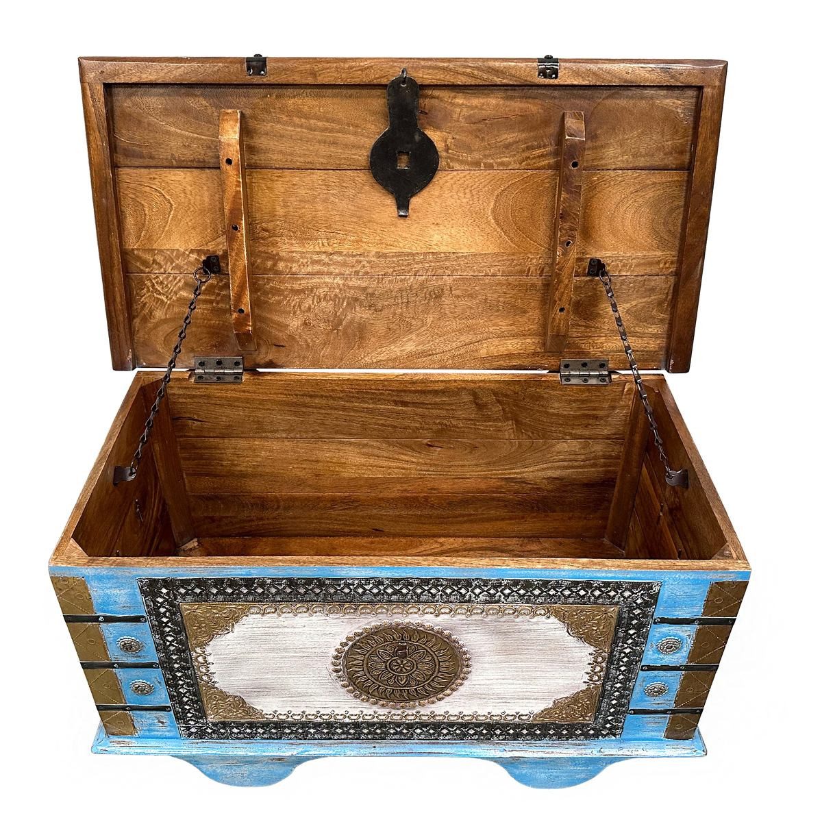 Oriental Galerie Truhe Indische Truhe Blau Braun 80 cm, Beistelltisch, Holztruhe, Antik, Wäschetruhe, Möbeltruhe, Holzkiste