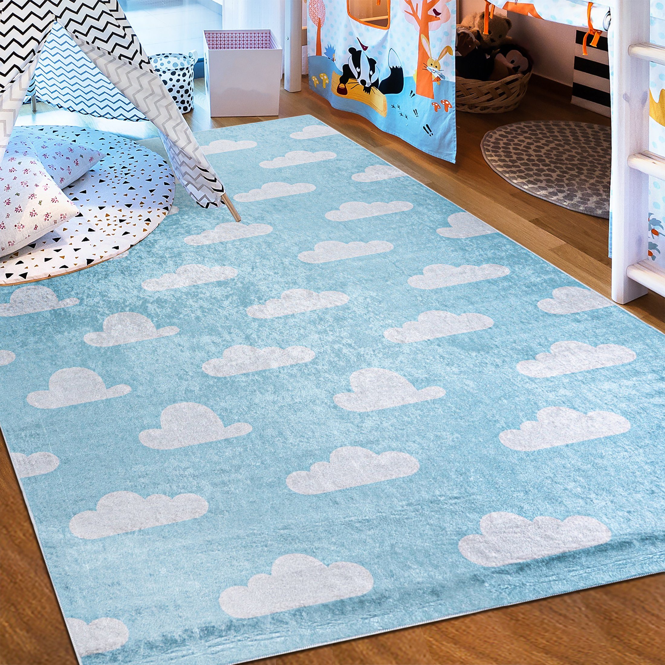 Kinderteppich Kinderteppich Kinderzimmerteppich Wolken Sky, Mazovia, 80 x 150 cm, Kurflor, Waschbar in Waschmaschine, Höhe 5 mm, Rutschfest Blau / 2469