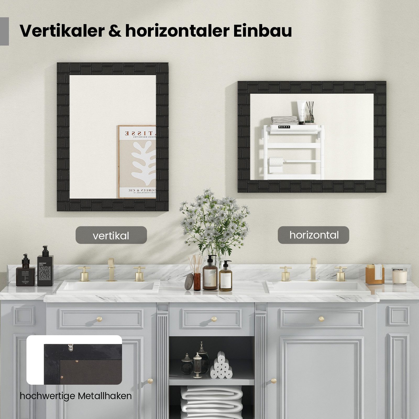 COSTWAY Wandspiegel, 80x60cm, mit Massivholzrahmen, Badspiegel rechteckig