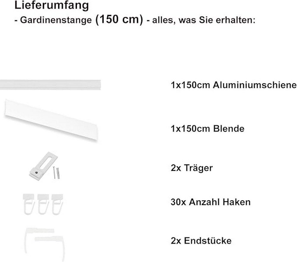 MDEKOR Gardinenstange 2-in-1 Einzelschiene oder Doppelschiene, 150 cm, Schiene + Häkchen +Blende, Komplett-Montageset