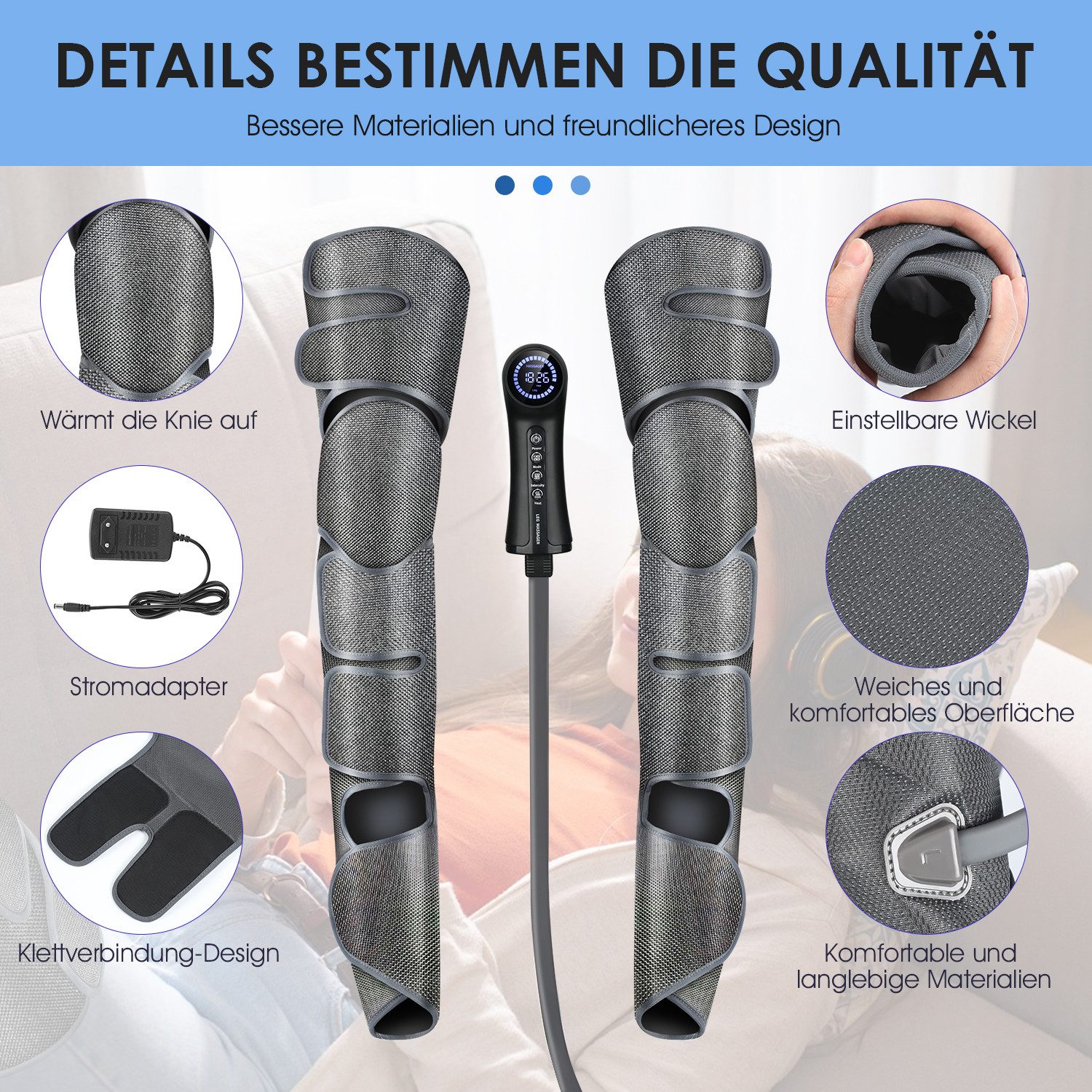 oyajia Massagegerät Beinmassagegerät für bessere Durchblutung mit 3 Modi, 5 Intensitäten, Beinmassagegerät Set zur Förderung der Blutzirkulation und Entspannung, Ideal für müde Beine, fördert die Durchblutung und lindert Schmerzen, 3 Modi, 5 Intensitäten, 2 Heizstufen für personalisierte Massage