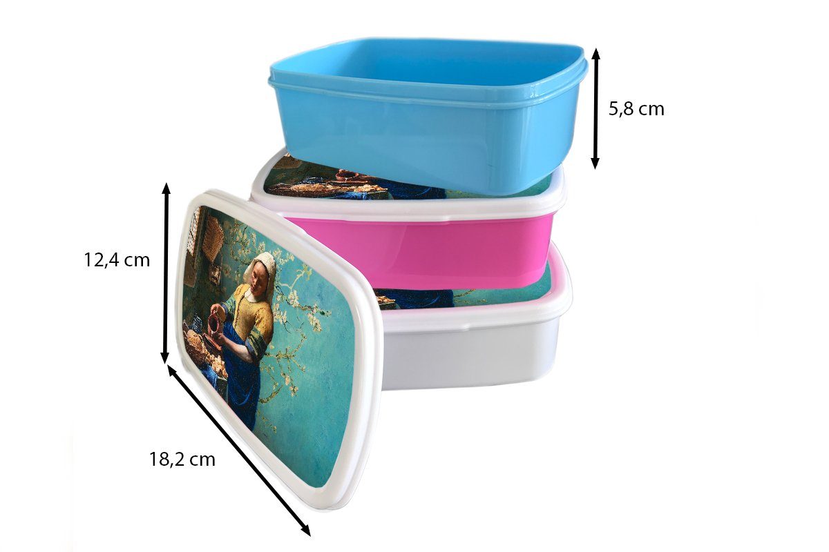 Mandelblüte Kunststoff Van - MuchoWow Vermeer Snackbox, - Brotbox Milchmädchen - (2-tlg), - Kunststoff, - Kinder, Gemälde rosa Alte, Lunchbox für Brotdose Mädchen, Erwachsene, Gogh