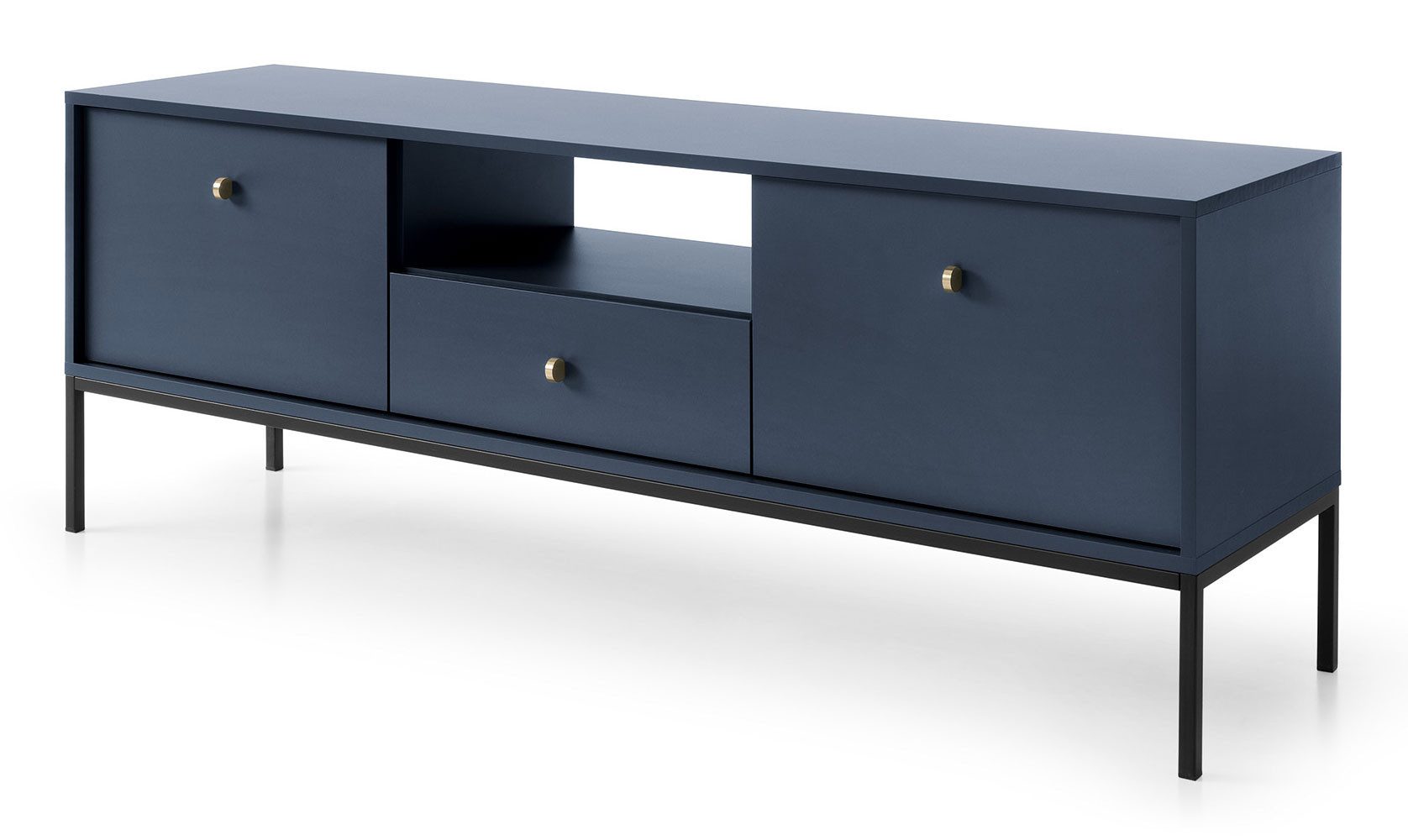 Feldmann-Wohnen Lowboard Mono (2-türig, 1 Schublade, 1 offenes Fach, 1 St., moderne Optik, Möbelknäufe, Metallfüße), 153x39x56cm Marineblau Matt 2-türig