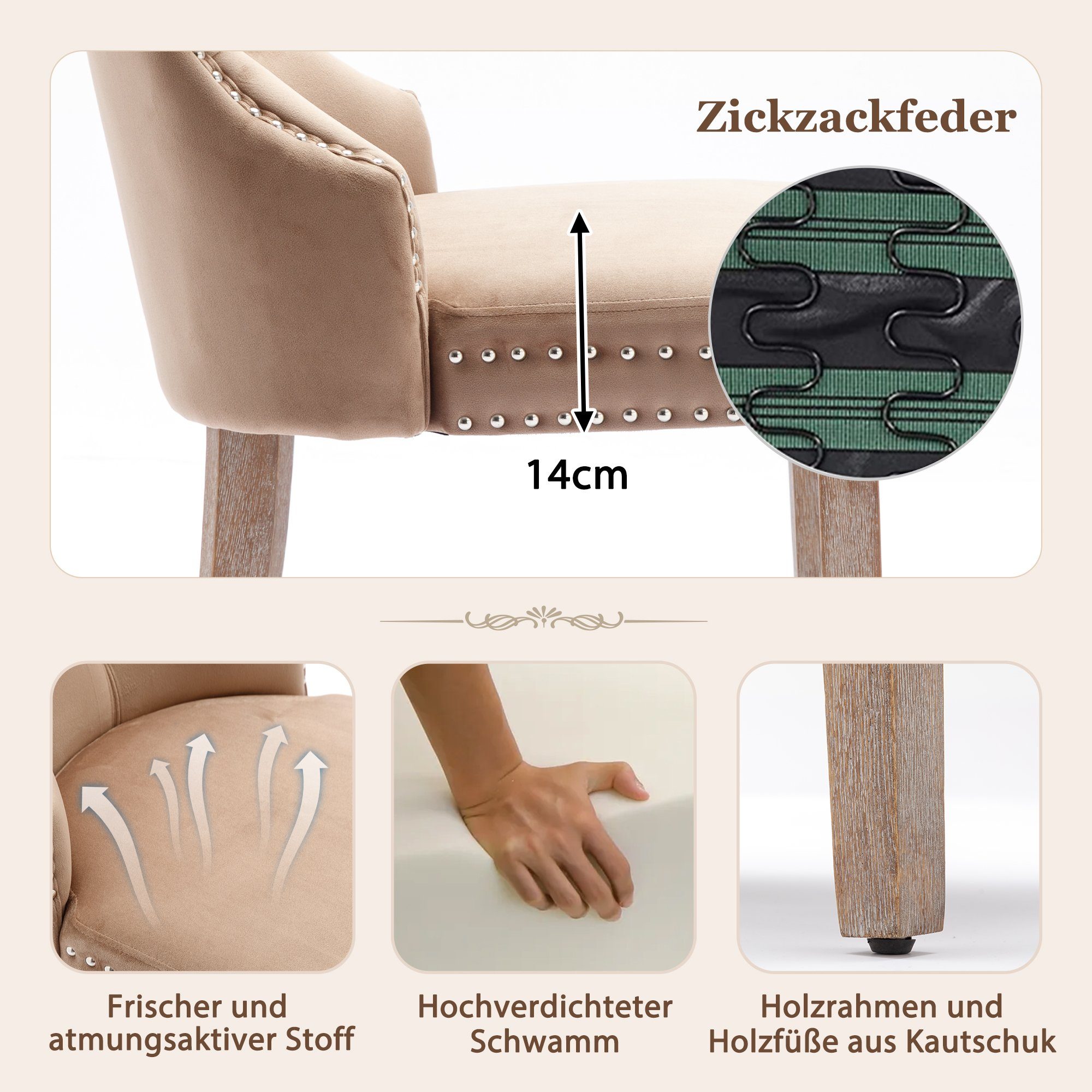 Flieks Esszimmerstuhl (Set, 2 St), 2er Set Polsterstühle Küchenstühle Wohnzimmer Schminkstuhl Samt