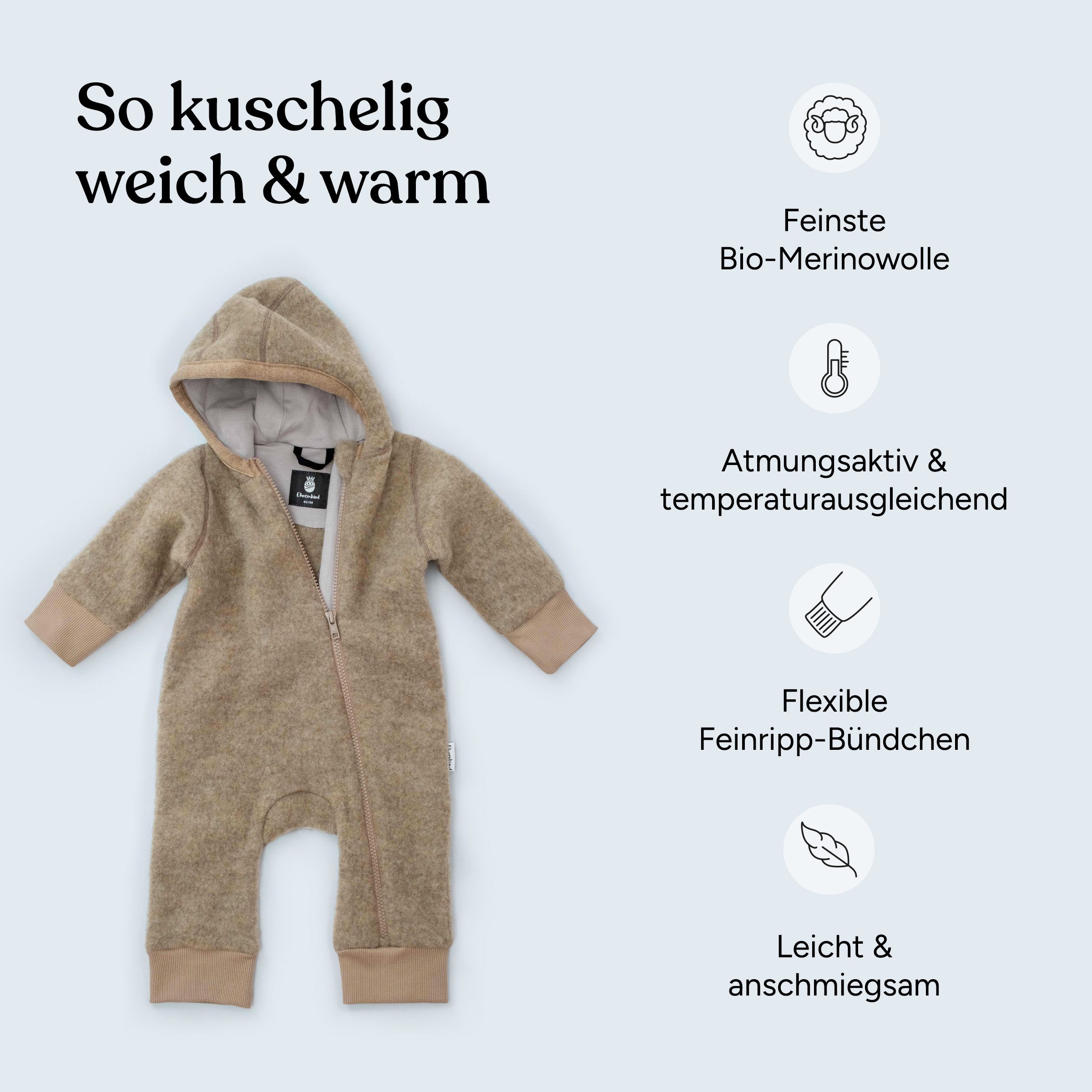 Ehrenkind Fleeceoverall mit Kapuze, Wollfleece aus feinster Merinowolle (100% Bio-Merinowolle, Atmungsaktiv & temperaturausgleichend) Wollfleece-Overall