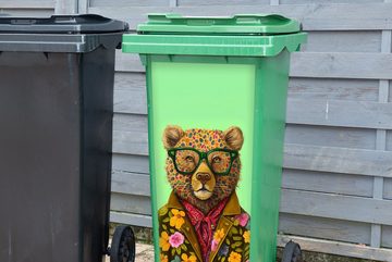 MuchoWow Wandsticker Bär - Farben - Brillen - Tier - Blumen (1 St), Mülleimer-aufkleber, Mülltonne, Sticker, Container, Abfalbehälter