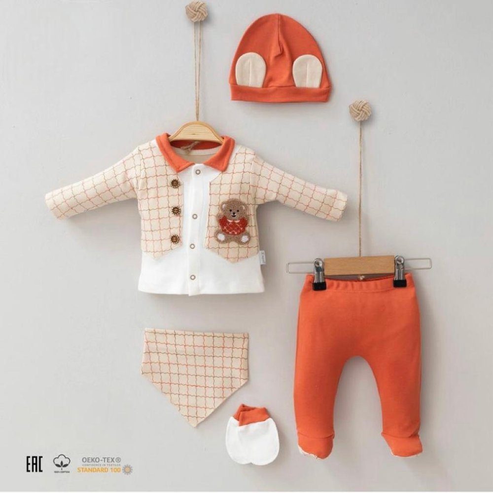 komplett Outfit, Erstausstattungs 0-3 Ziegelrot Neugeborenen-Set Bär-Motiv Mütze) (Set Langarmshirt Monate Baumwolle Bären-Motiv Engelbaby Lätzchen 5-teiliges 5-tlg., Erstausstattungspaket Baumwolle Monate Handschuhe 100% Set 0-3 100% 5-teilig Hose