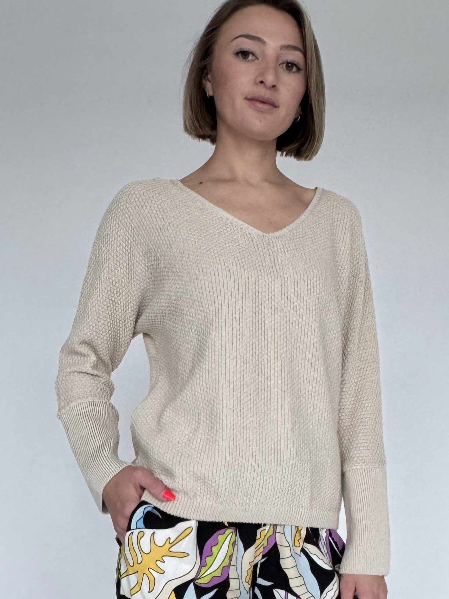 Zuckerwatte V-Ausschnitt-Pullover Strukturstrick, aus weicher Baumwollmisch günstig online kaufen