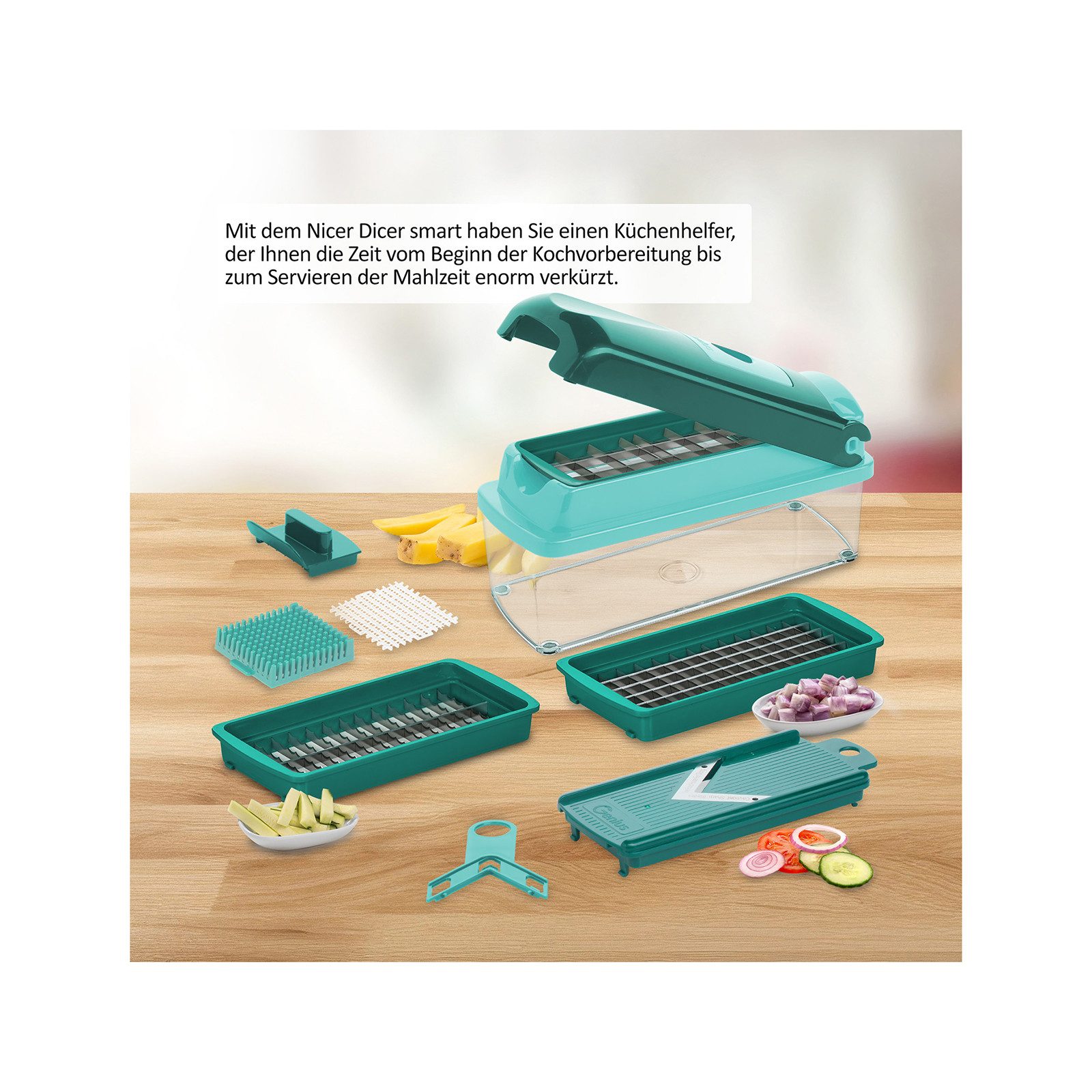 Genius Gemüseschneider Nicer Dicer Smart Gemüseschneider 9 tlg., Gemüse Obst Schneider, Großen Auffangbehälter mit einem Fassungsvermögen von 1.250 ml.