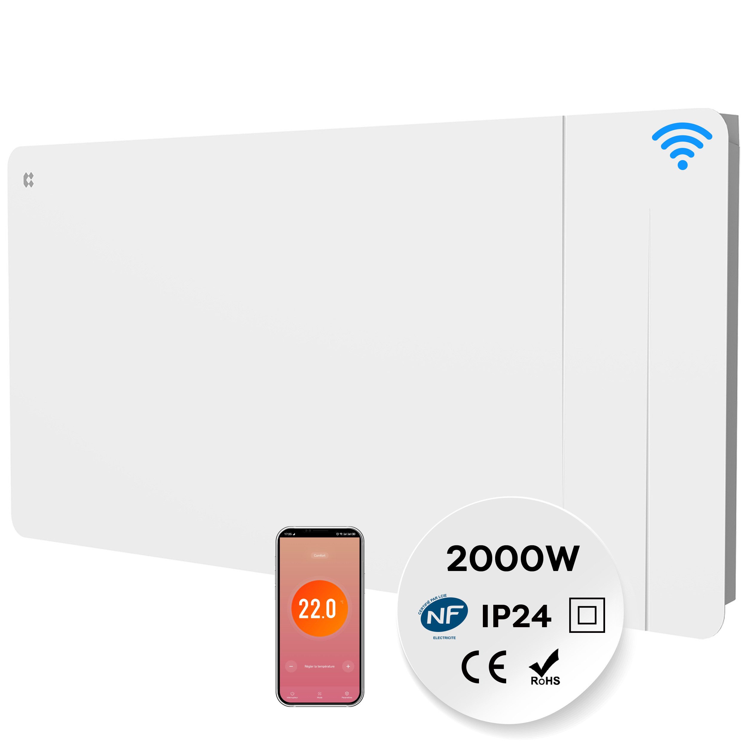CIARRA Elektro-Heizkörper 1000–2000 W Keramik-Heizkörper+ Aluminium-Heizfolie mit WLAN, PID-Thermostat, App-Steuerung, 7-Tage-Programm, IP24, ca. 15 - 25 m²