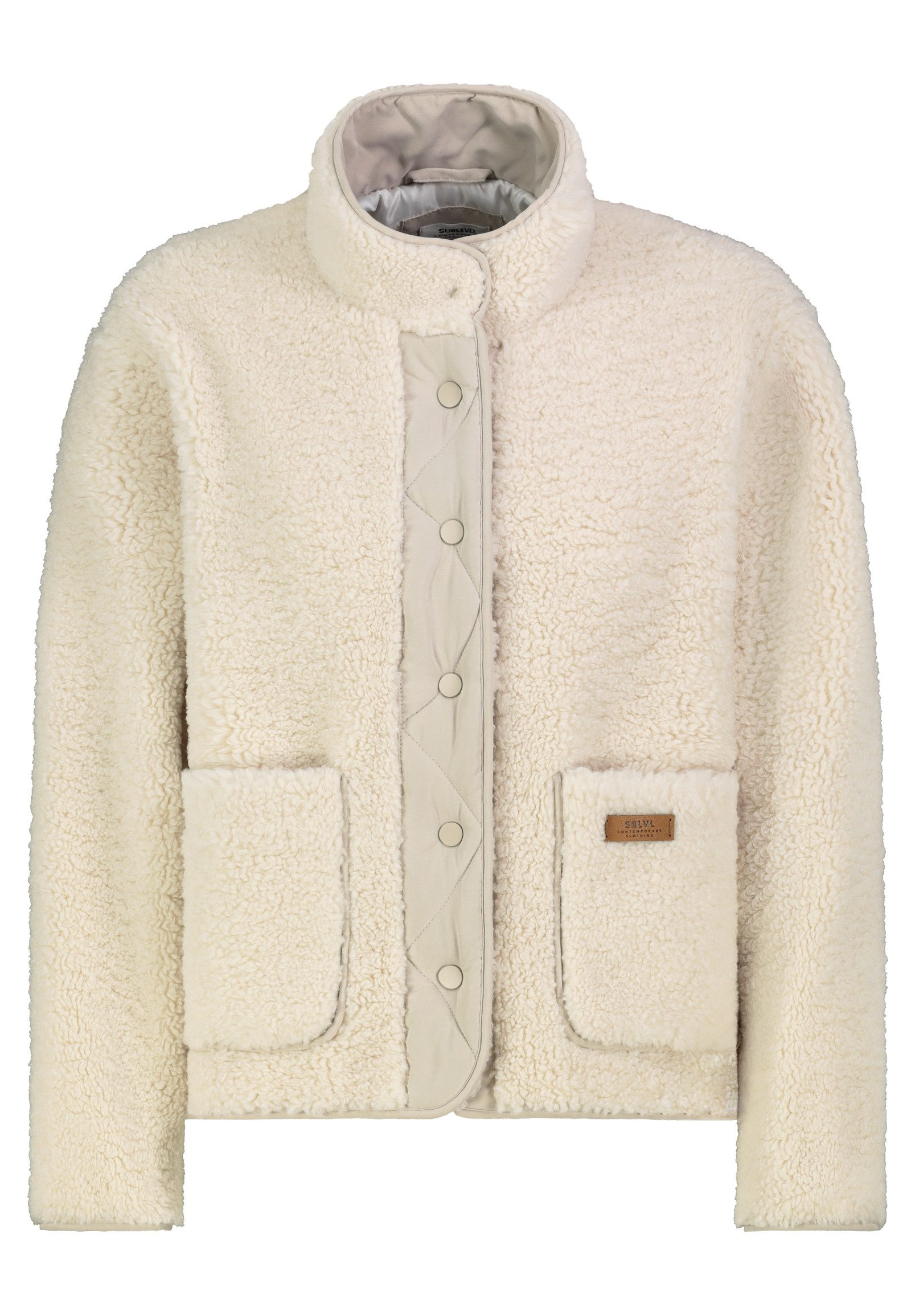 SUBLEVEL Winterjacke Teddyoptik Gesteppte Kontrastblende für Damen (1-St) Hoher Stehkragen, Druckknöpfe, Zwei große Vordertaschen