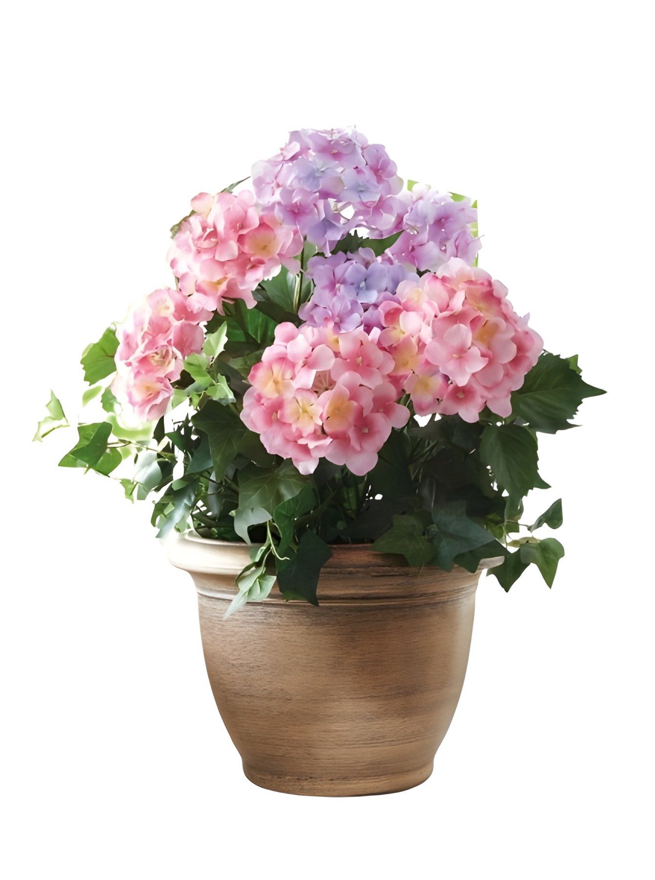 Kunstpflanze "Hortensie" im goldenen Topf, Dekopflanze, künstliche Deko