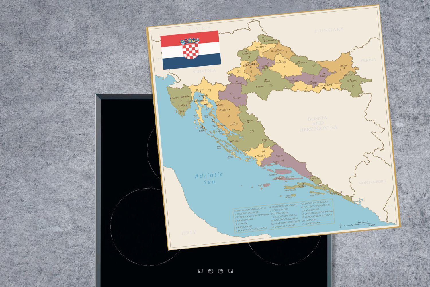 von MuchoWow für Vinyl, Kroatien, (1 tlg), 78x78 Karte cm, Ceranfeldabdeckung, Arbeitsplatte Alte Herdblende-/Abdeckplatte küche