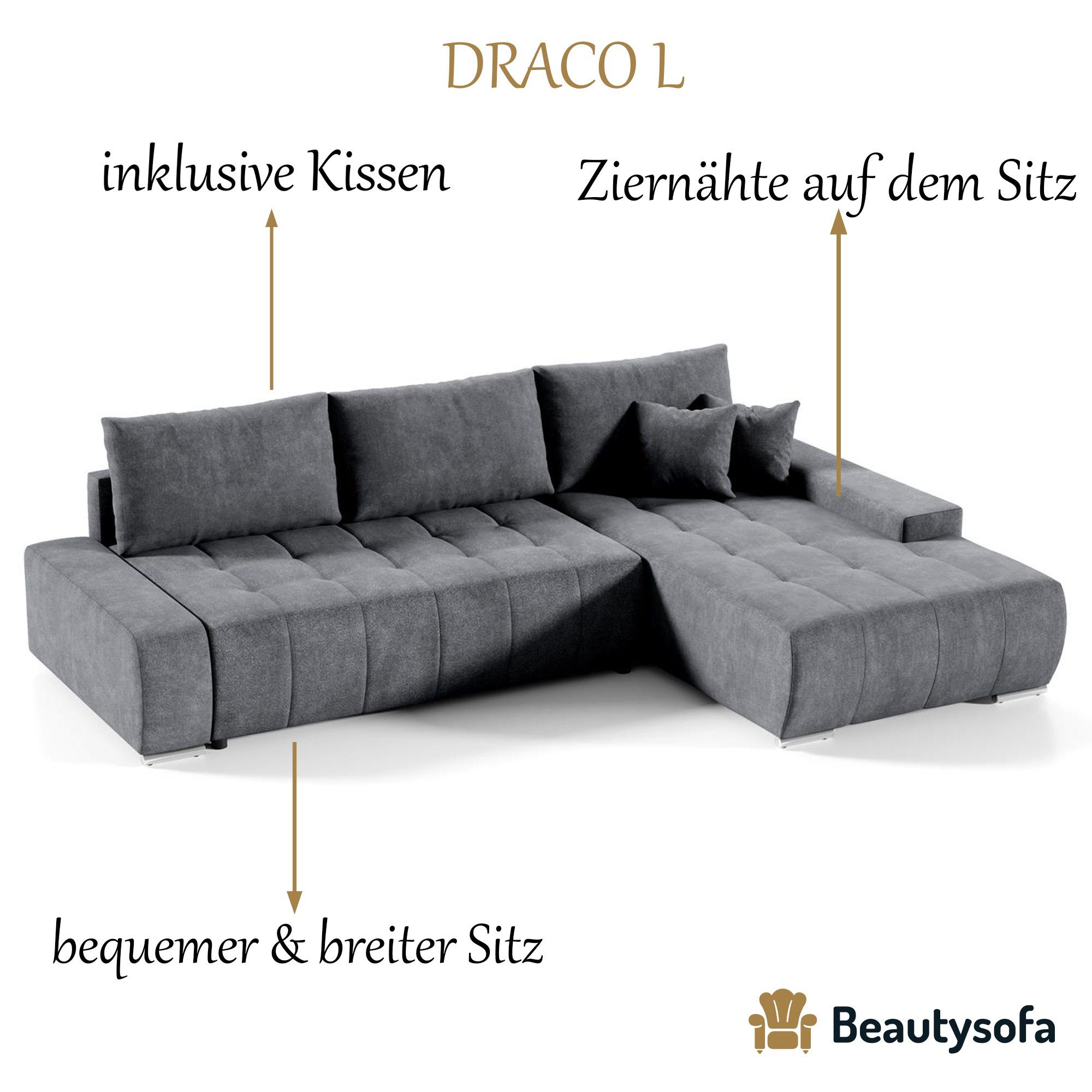 (aston Ecksofa mit 17) Bettkasten Wohnzimmer Beautysofa Sofa DRACO Couch Ecksofa Grau Schlaffunktion,